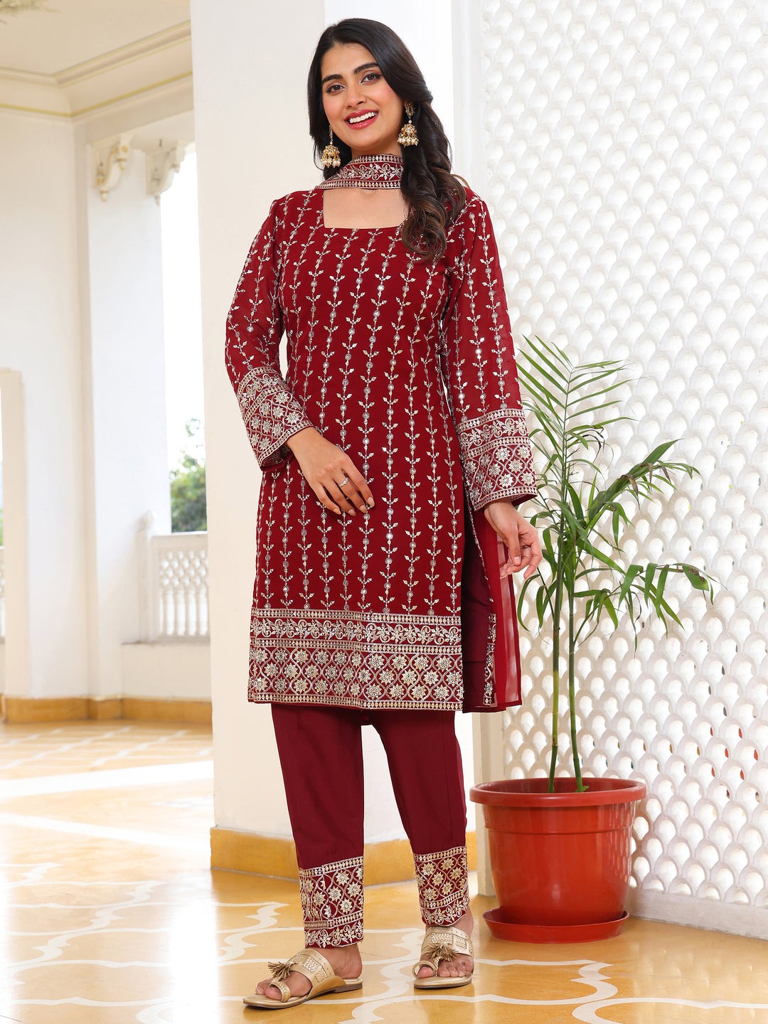 Elegant Maroon Straight Kurta Set with Silver Embroidery and Trousers