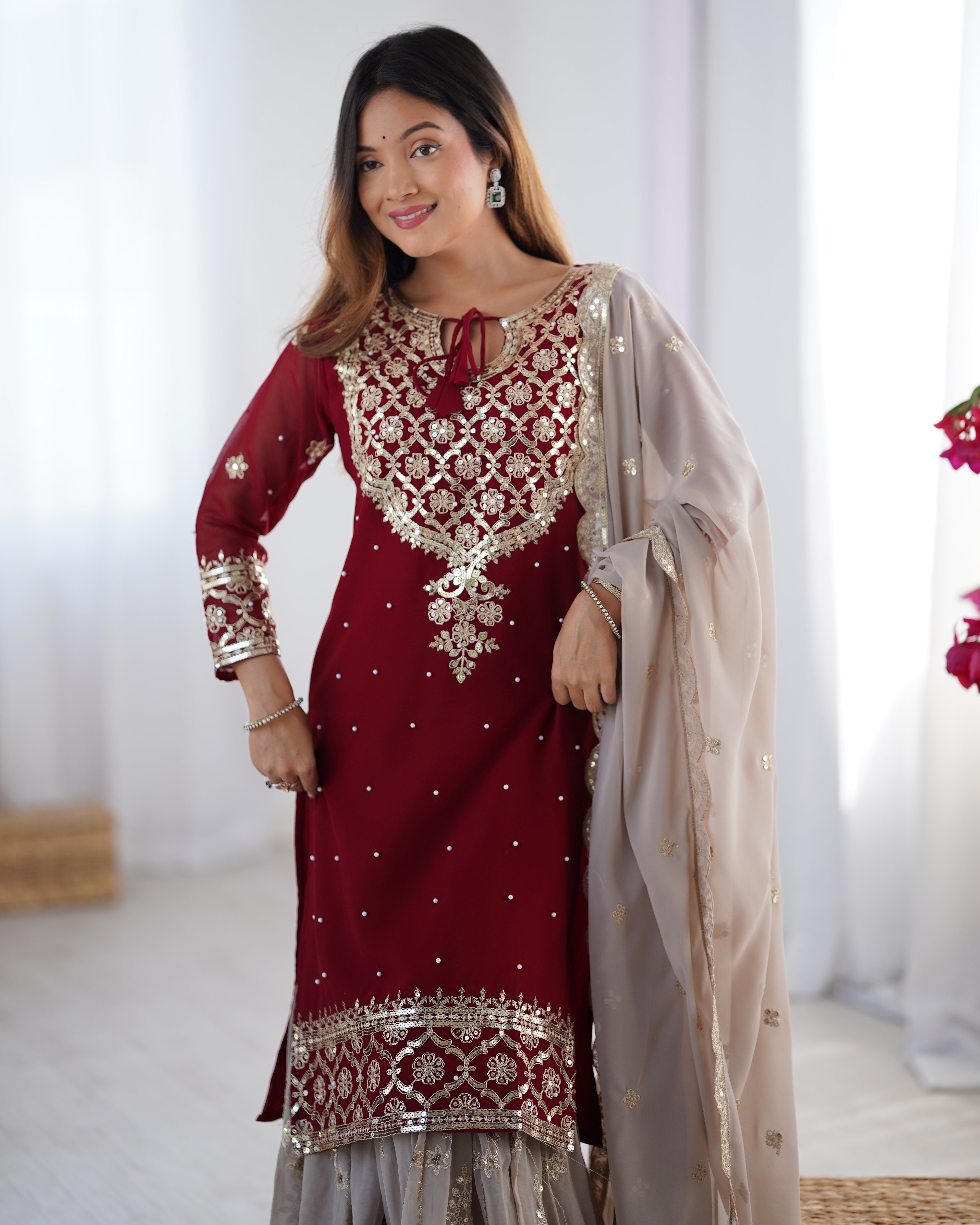 Maroon Anarkali Kurta Set for Women