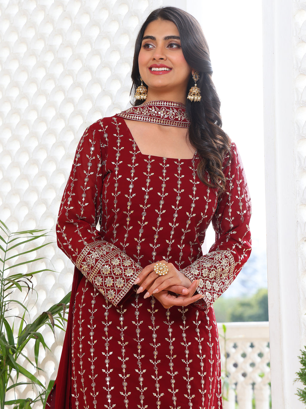 Elegant Maroon Straight Kurta Set with Silver Embroidery and Trousers