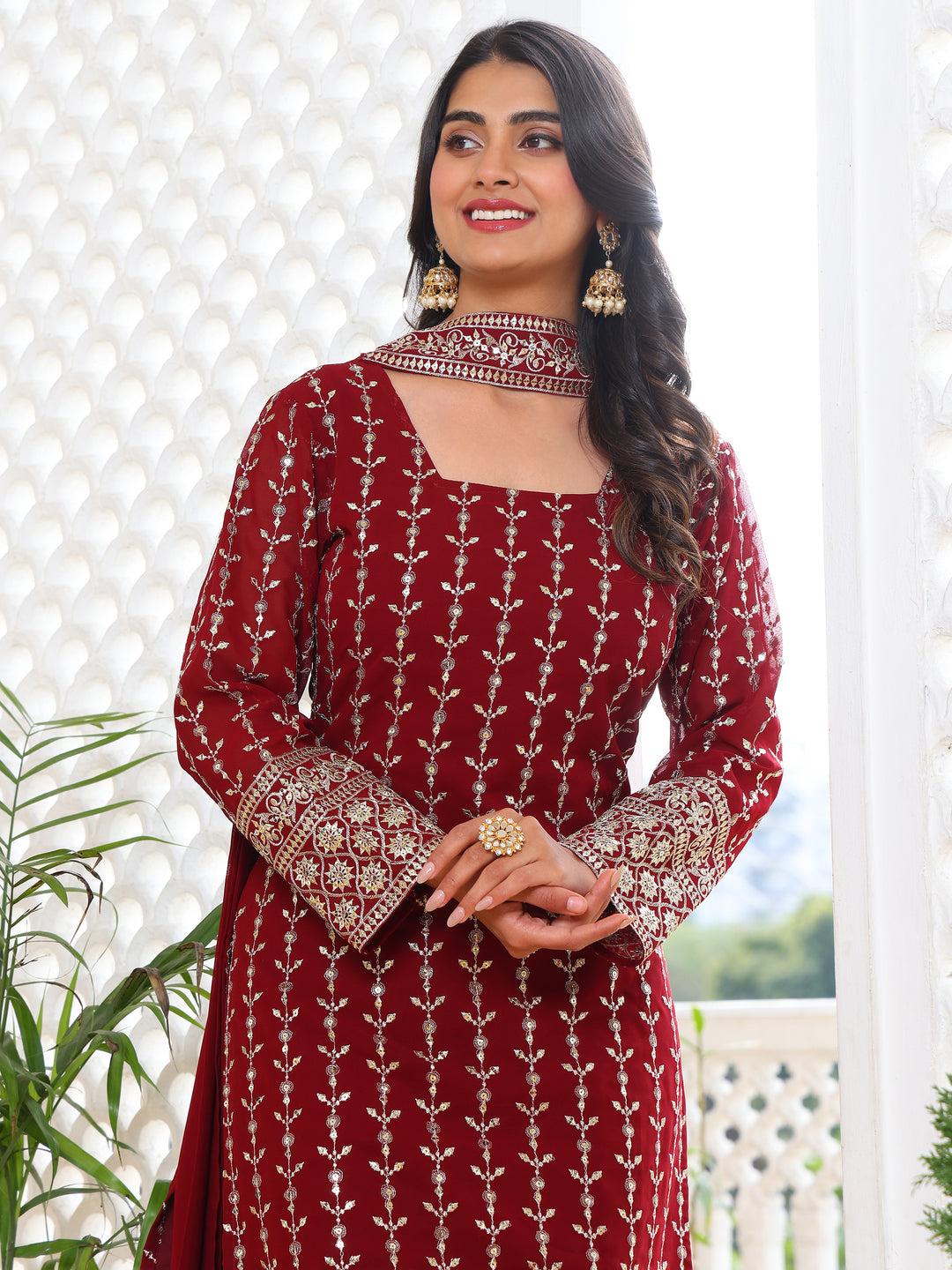 Elegant Maroon Straight Kurta Set with Silver Embroidery and Trousers