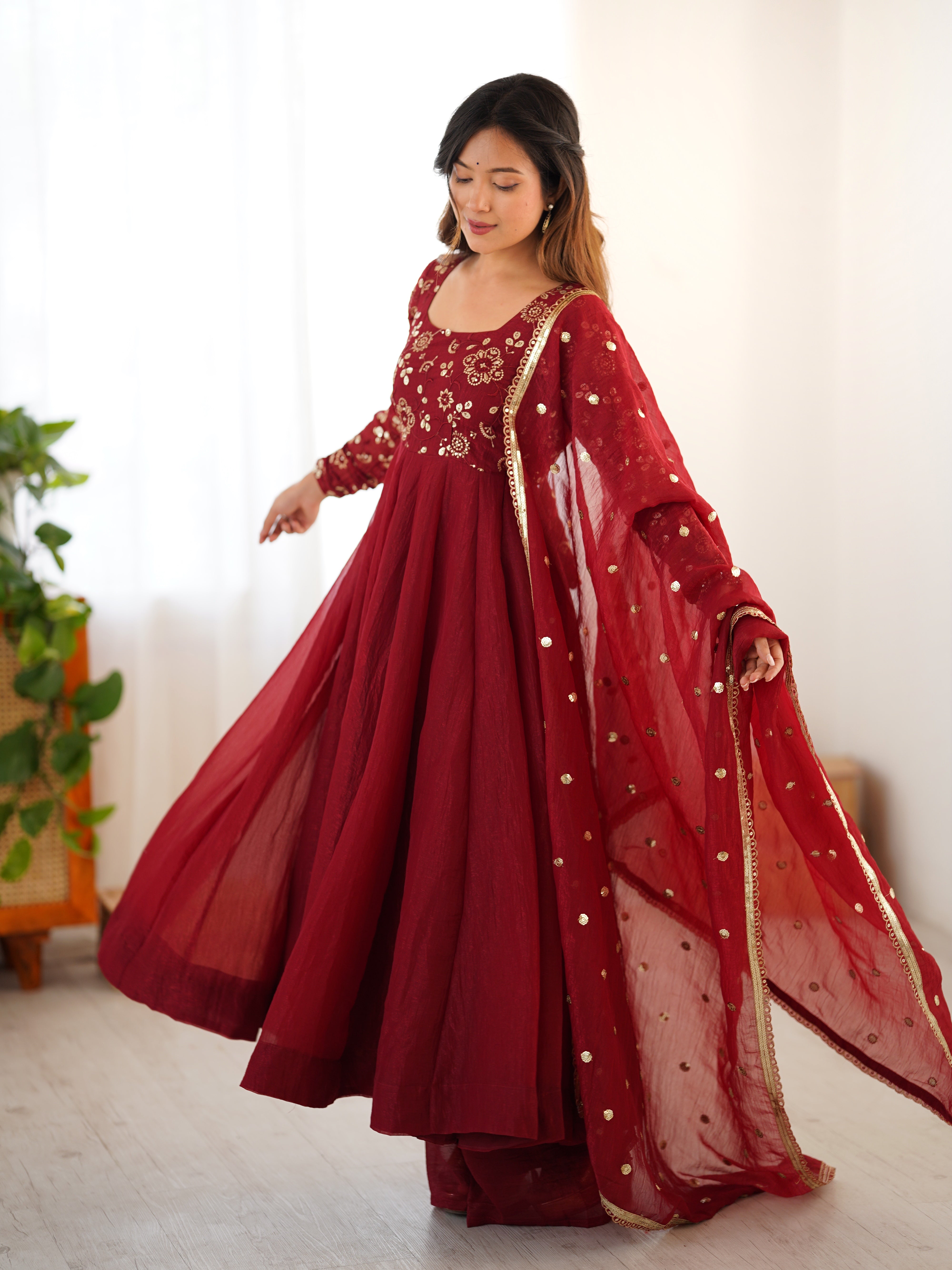 Maroon Golden Embroidered Anarkali Set