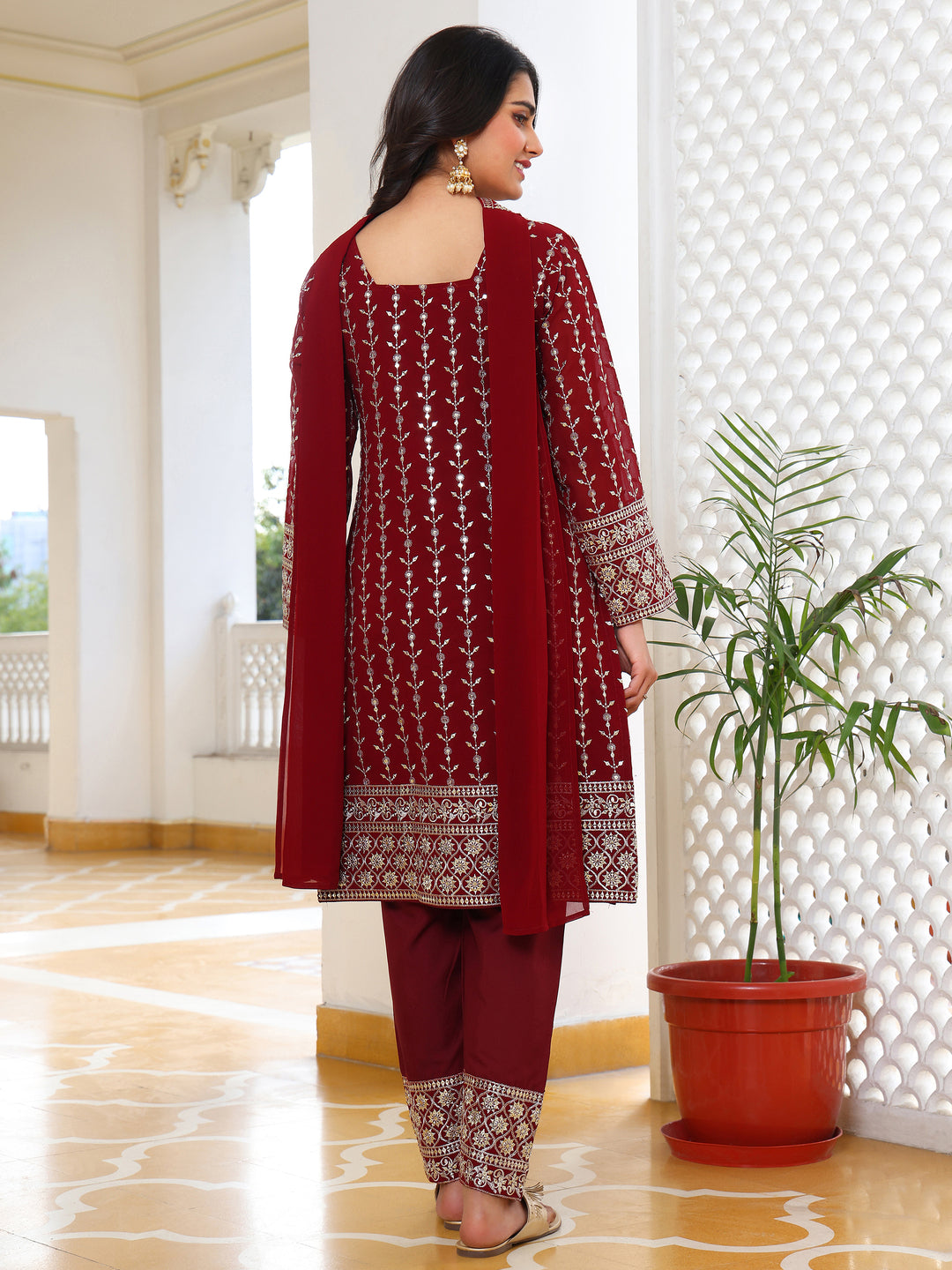 Elegant Maroon Straight Kurta Set with Silver Embroidery and Trousers