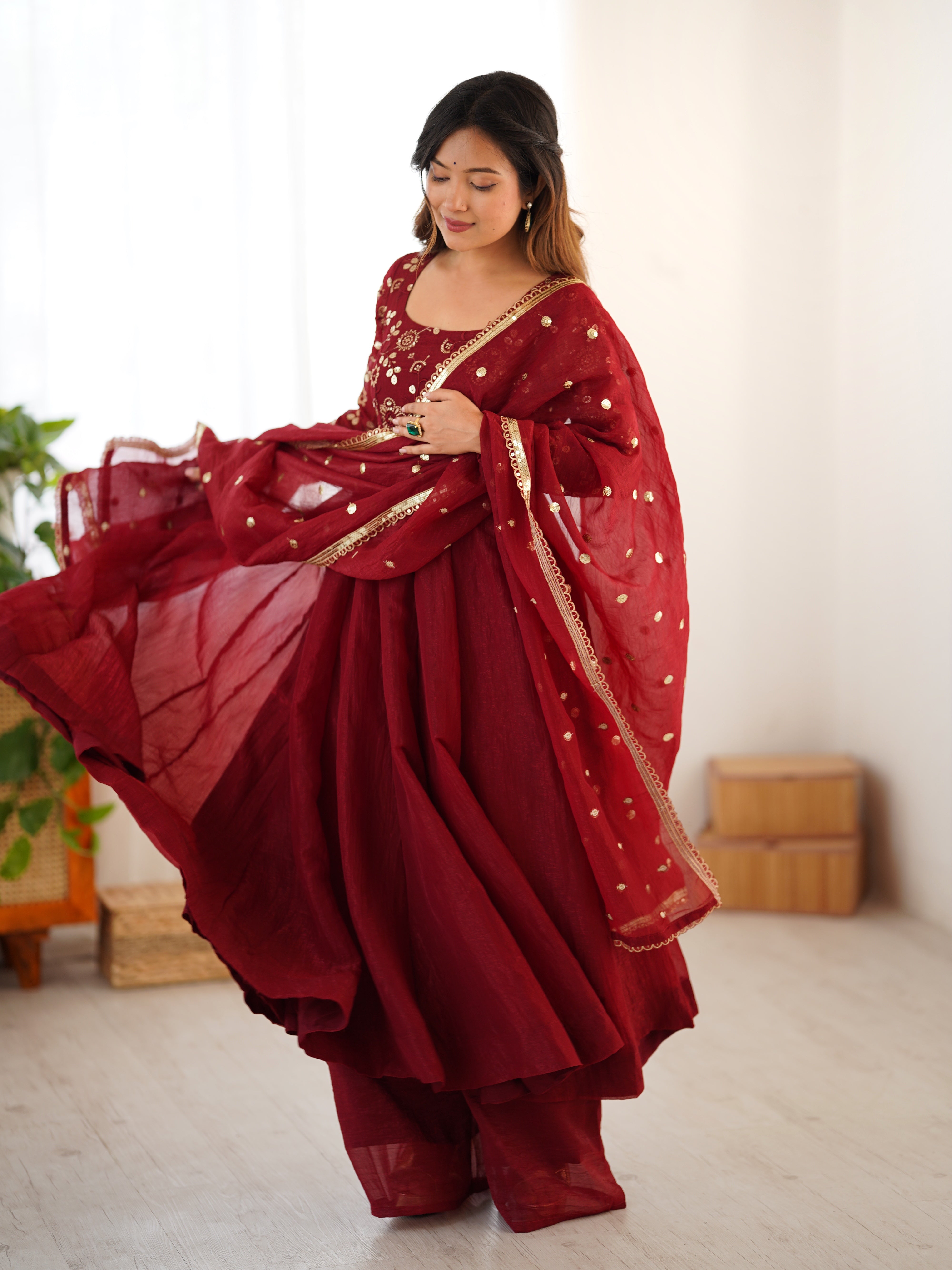 Maroon Golden Embroidered Anarkali Set