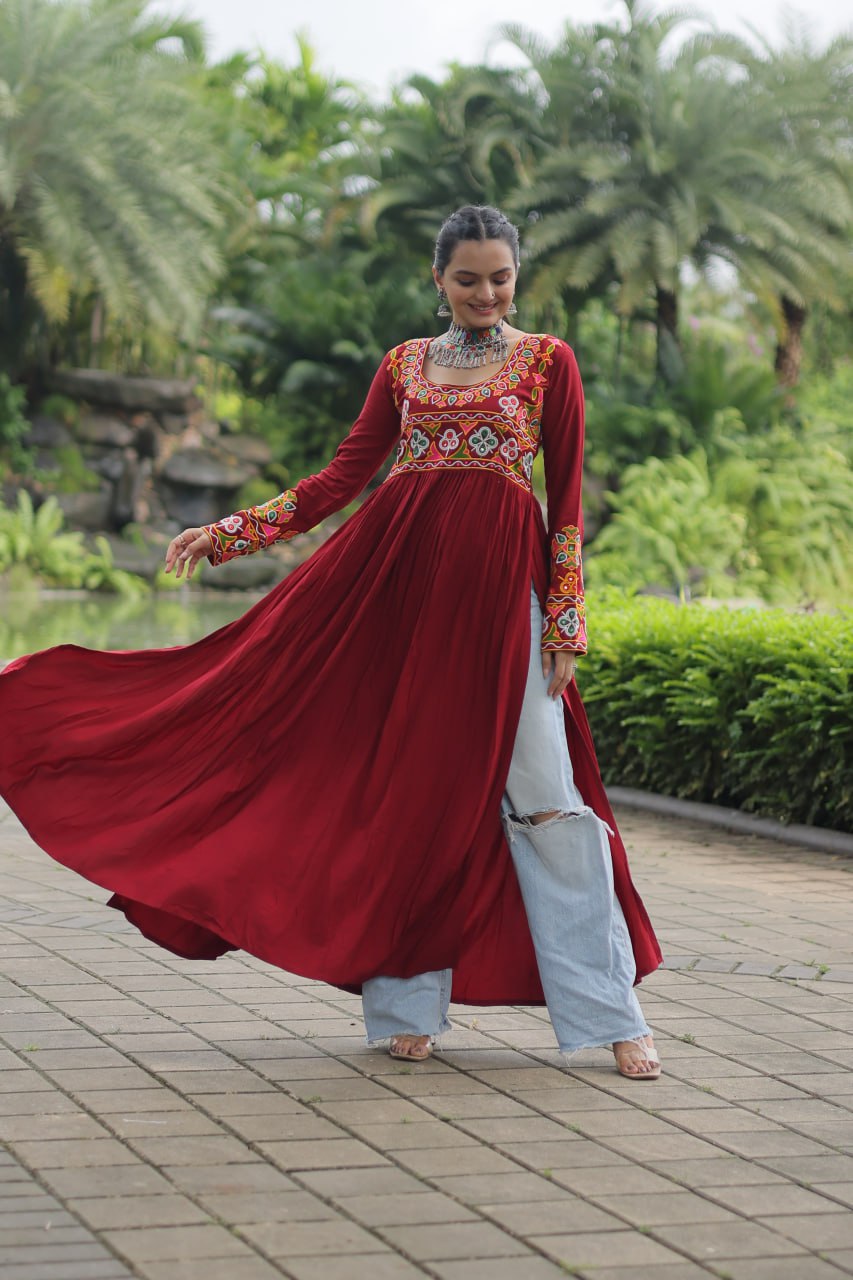 Maroon Embroidered Long Kurta for Women