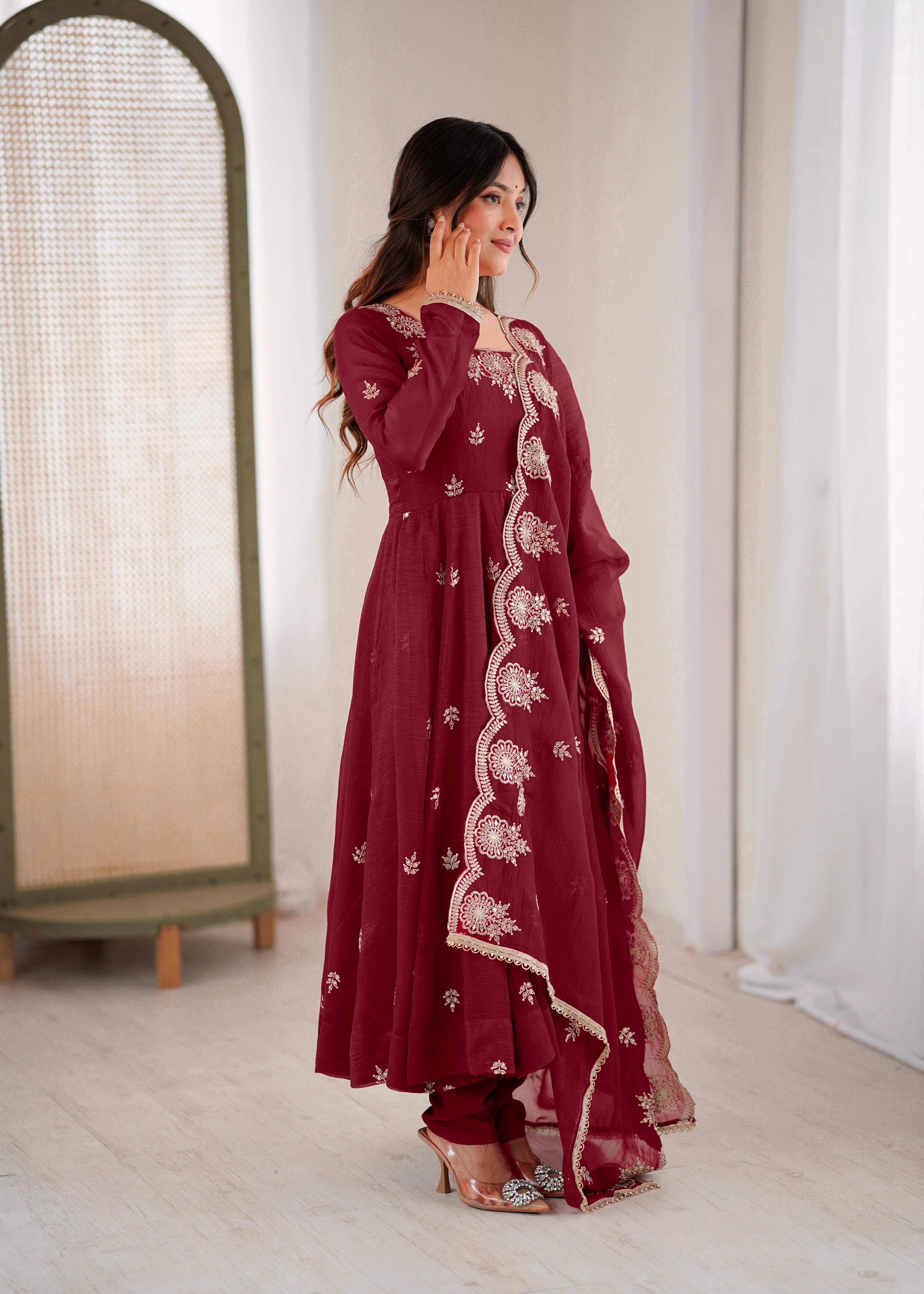 Maroon Embroidered Anarkali Kurta Set for Women