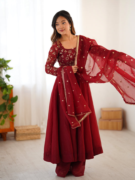Maroon Golden Embroidered Anarkali Set