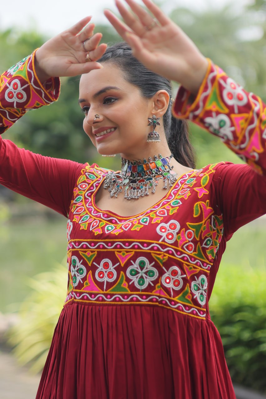 Maroon Embroidered Long Kurta for Women