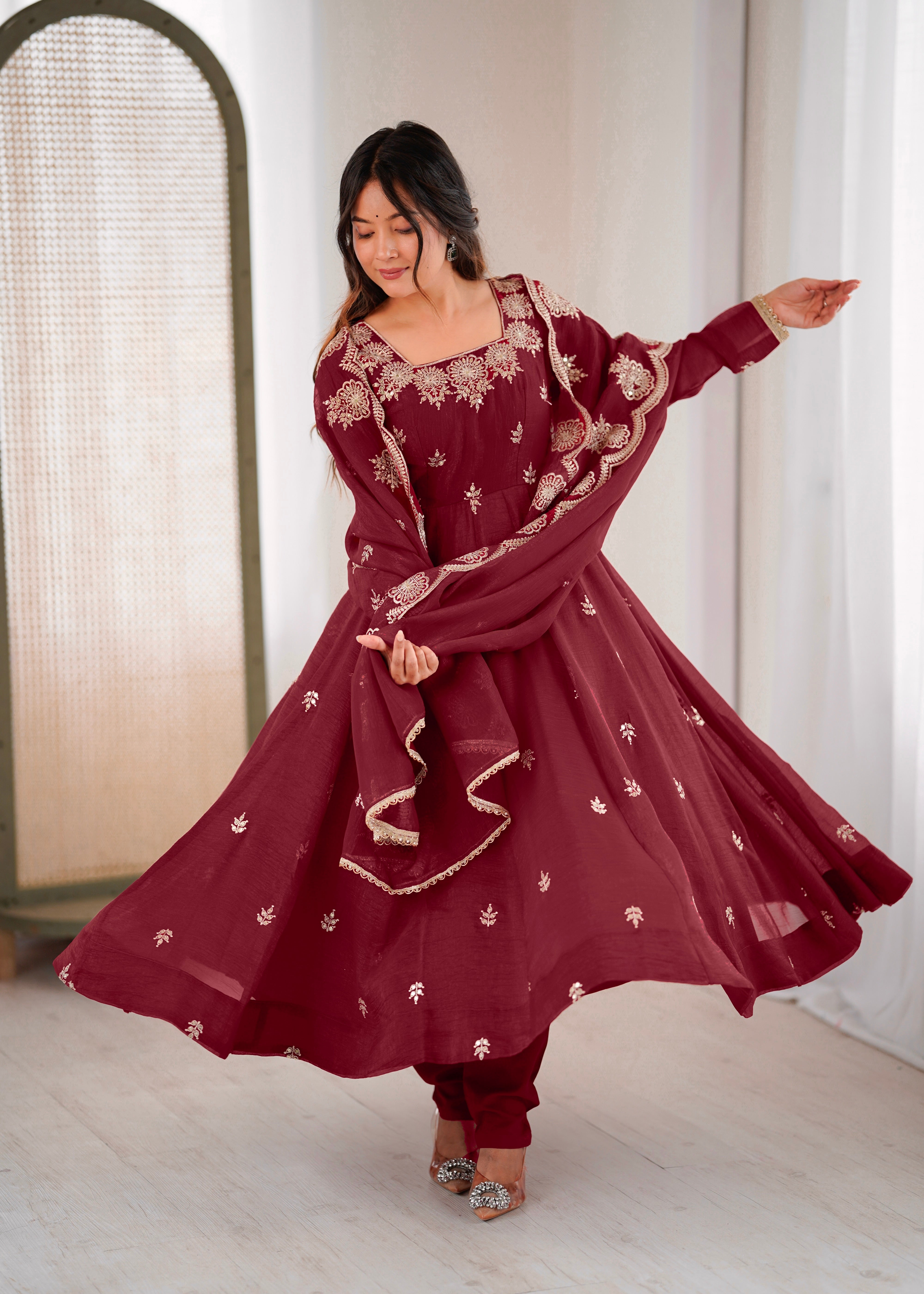 Maroon Embroidered Anarkali Kurta Set for Women