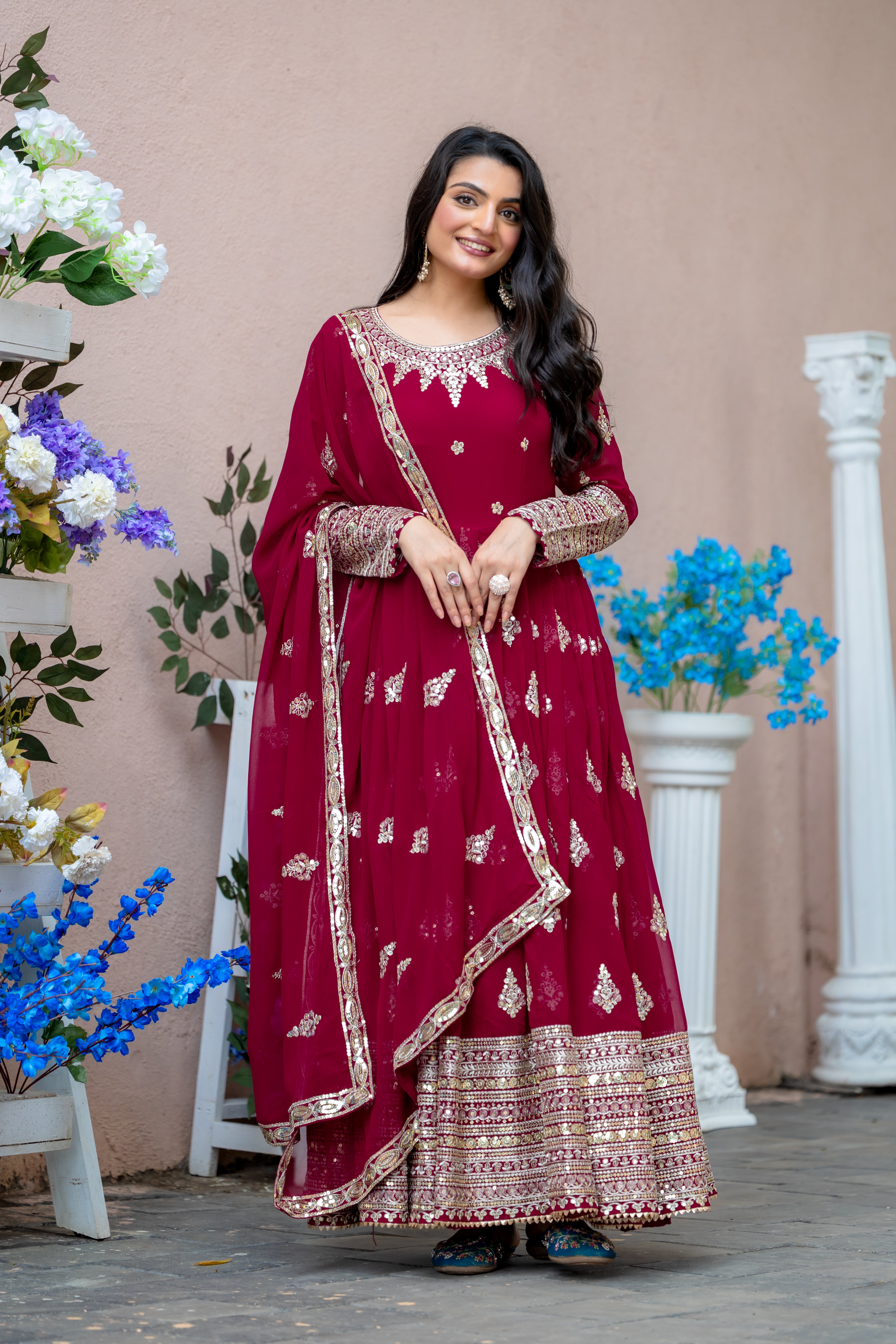 Embroidered Anarkali Suit Set with Dupatta (Red & Mustard) | Festive & Wedding Wear
