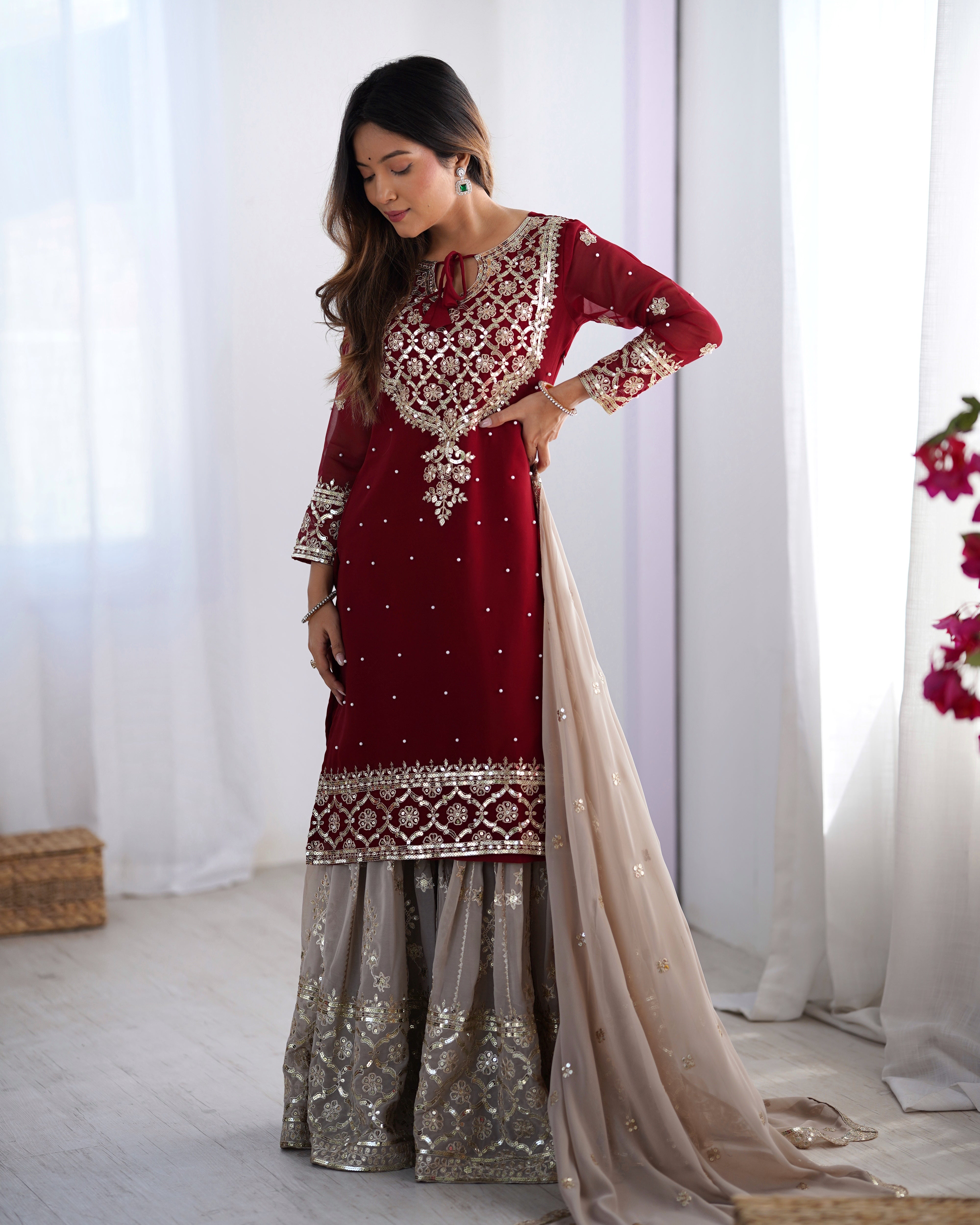 Maroon Anarkali Kurta Set for Women