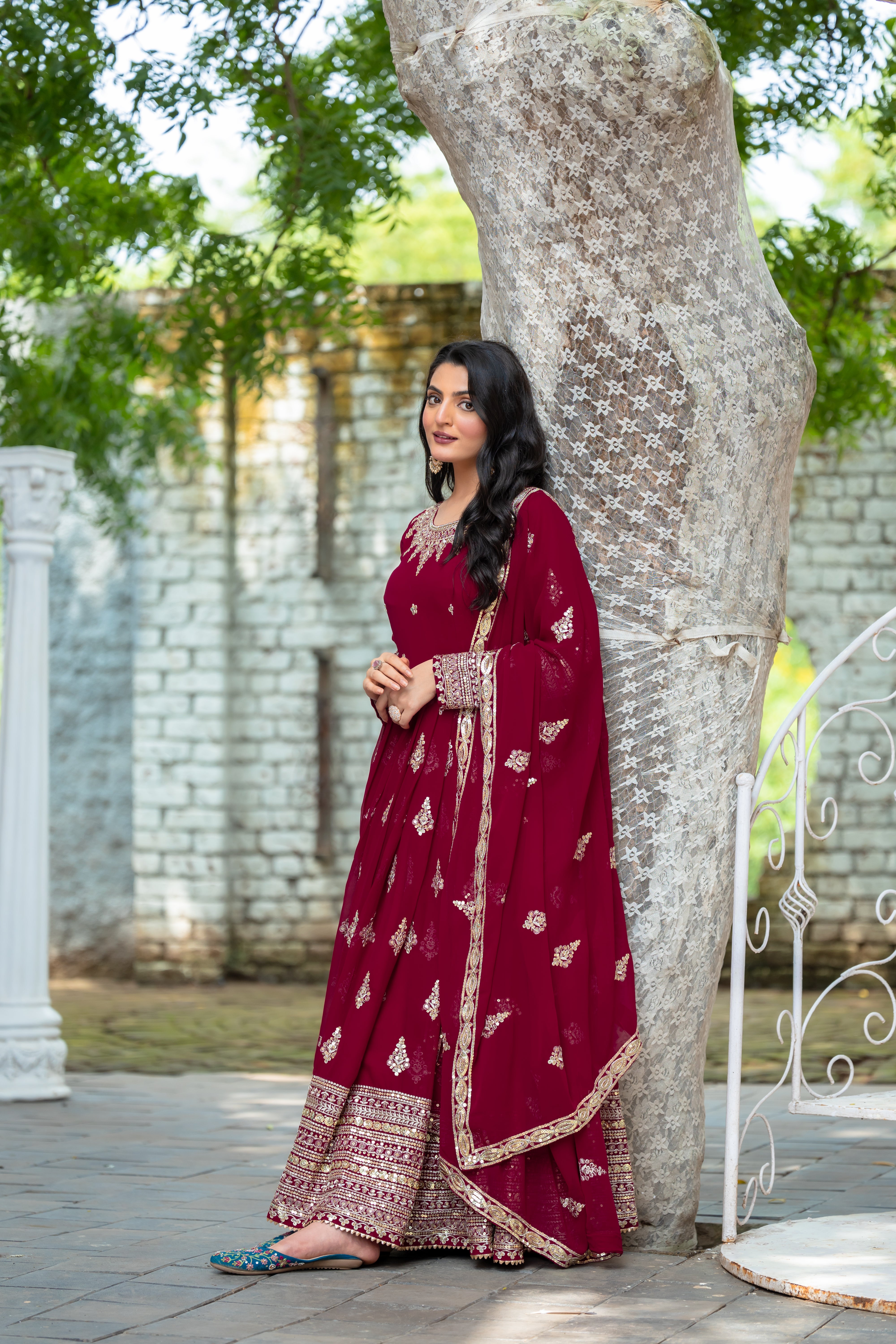 georgette flared Anarkali suit set with heavy sequin border and matching dupatta