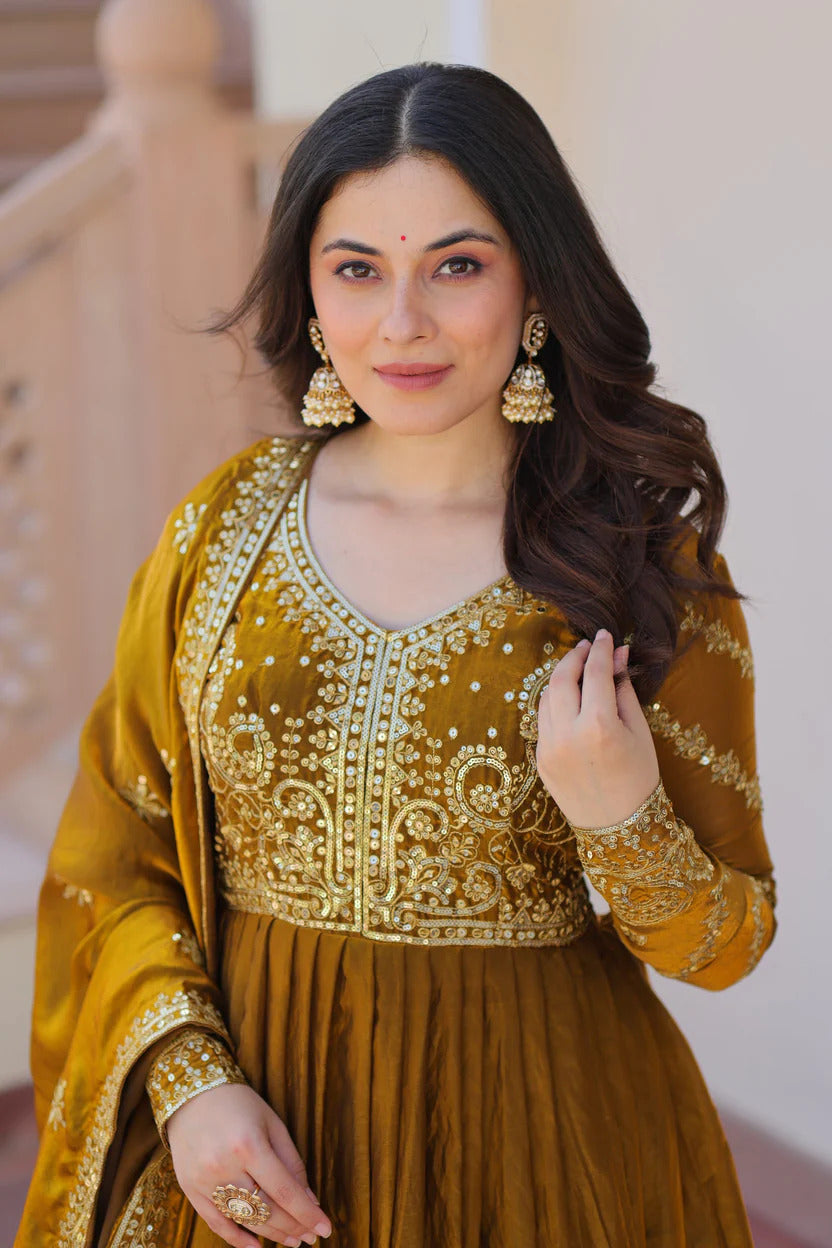 Heavy Yoke Embroidered Silk Anarkali Suit Set