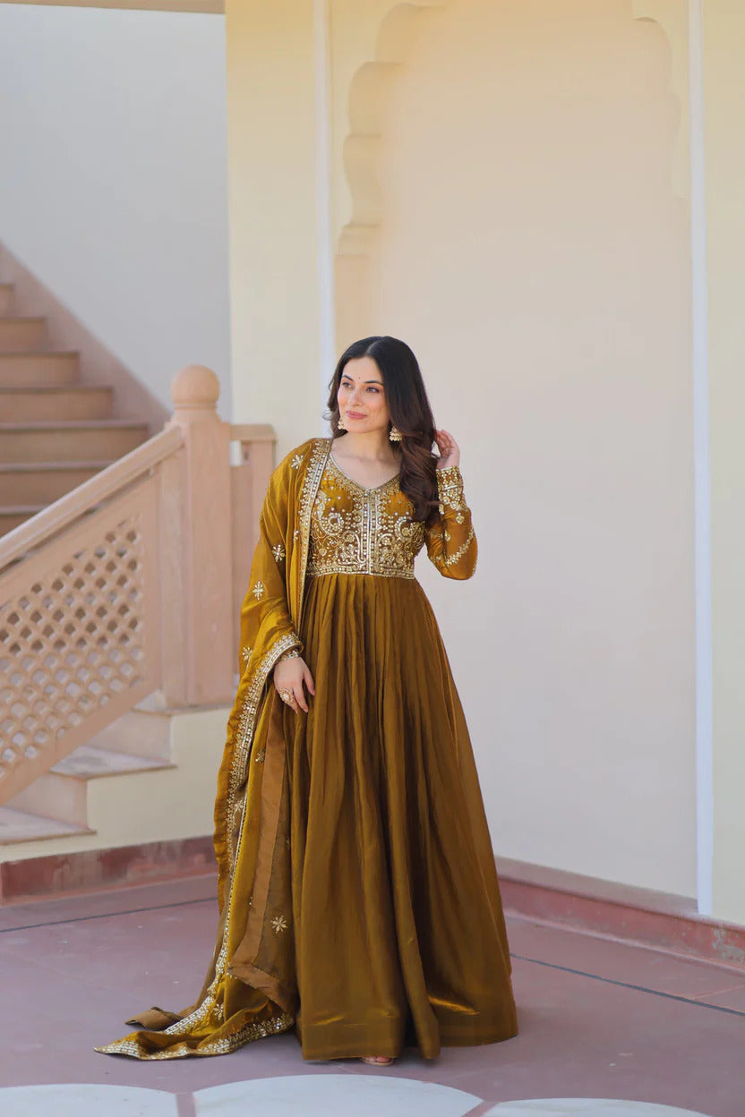 Heavy Yoke Embroidered Silk Anarkali Suit Set