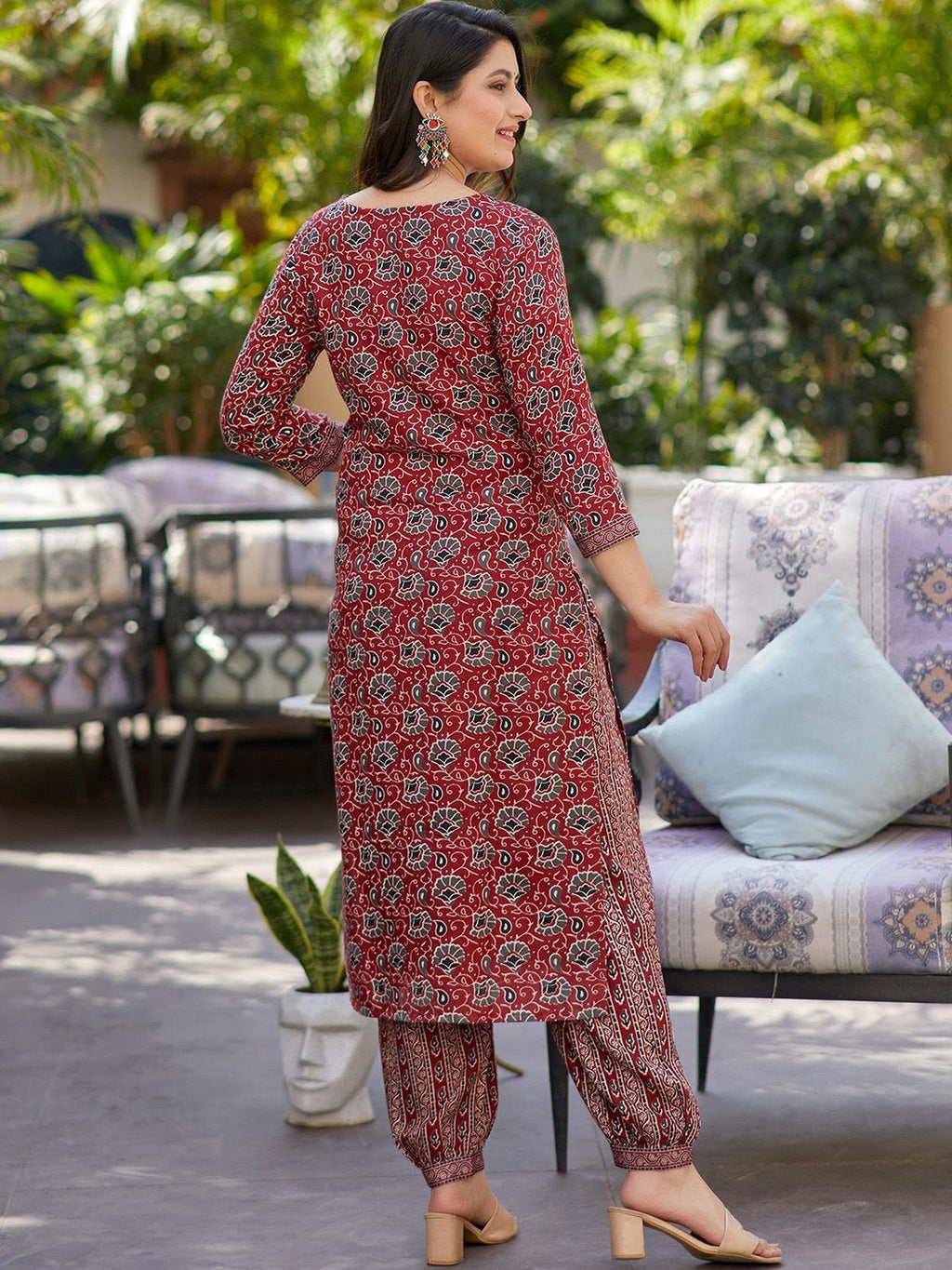 Stylish Maroon Printed Cotton Kurta Set with Dupatta