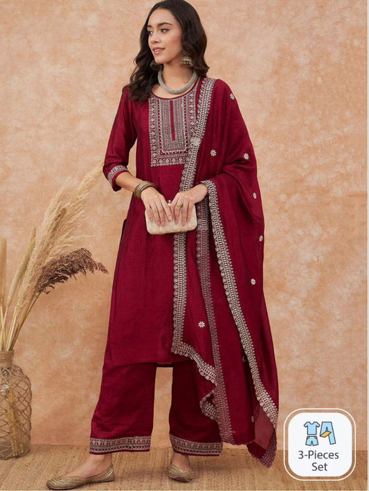 Elegant Maroon Embroidered Kurta Set with Sheer Dupatta