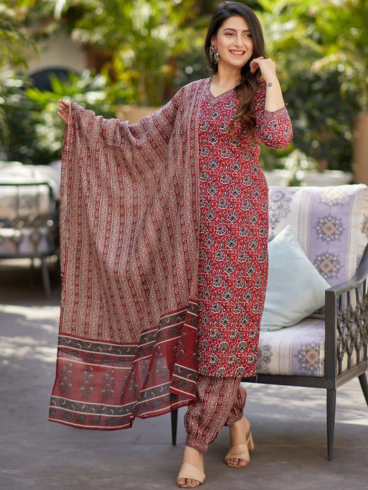 Stylish Maroon Printed Cotton Kurta Set with Dupatta