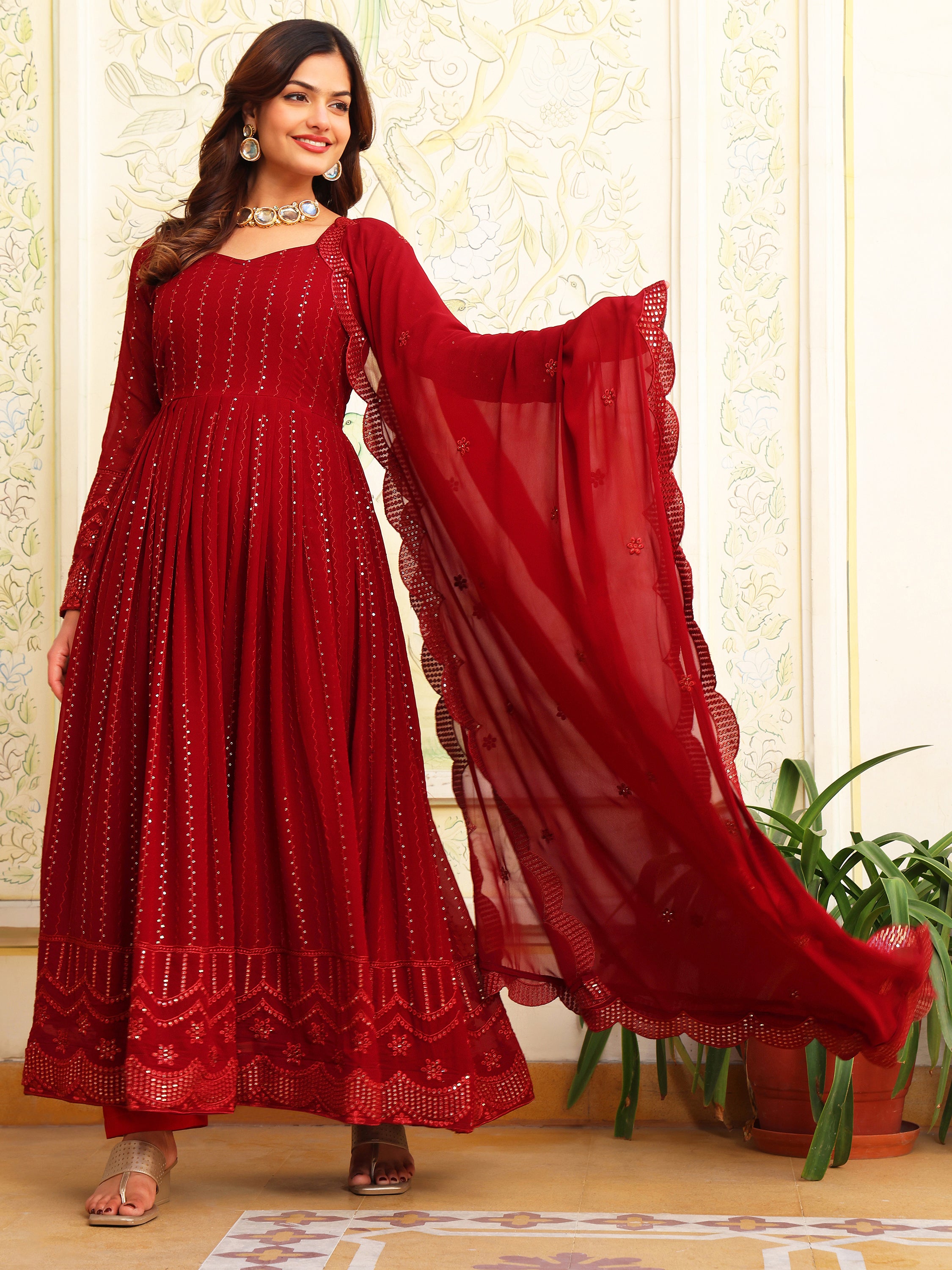 Maroon Anarkali Kurta Set with Dupatta for Women