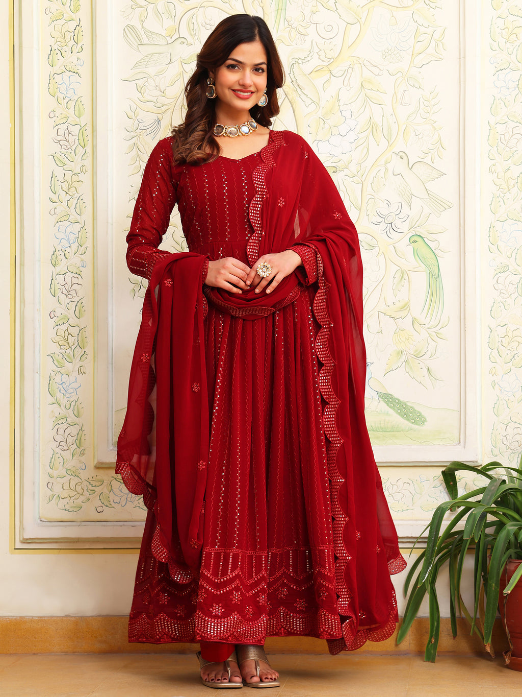 Maroon Anarkali Kurta Set with Dupatta for Women