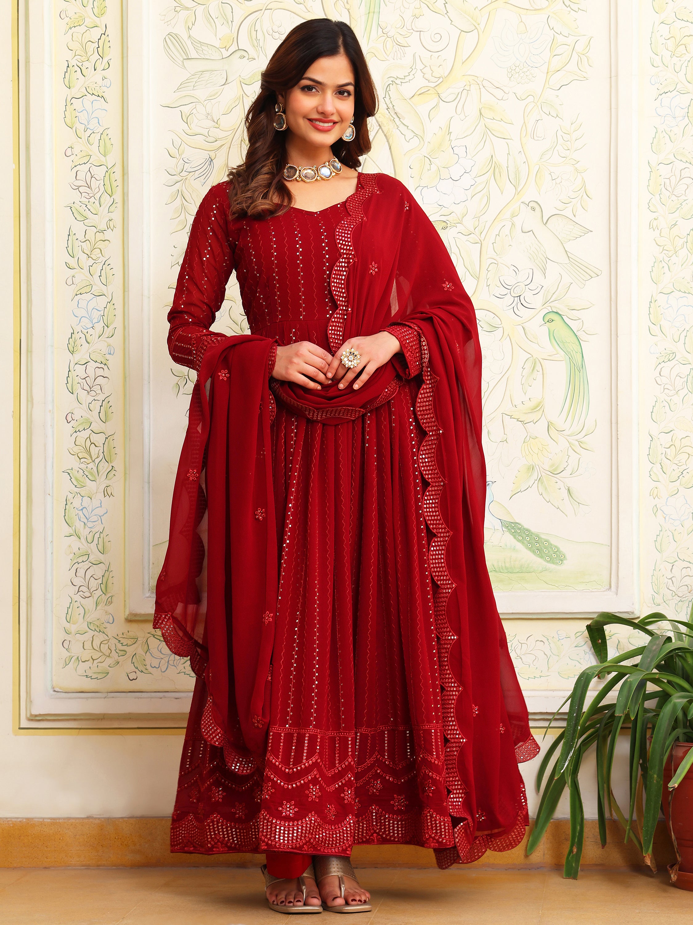 Maroon Anarkali Kurta Set with Dupatta for Women