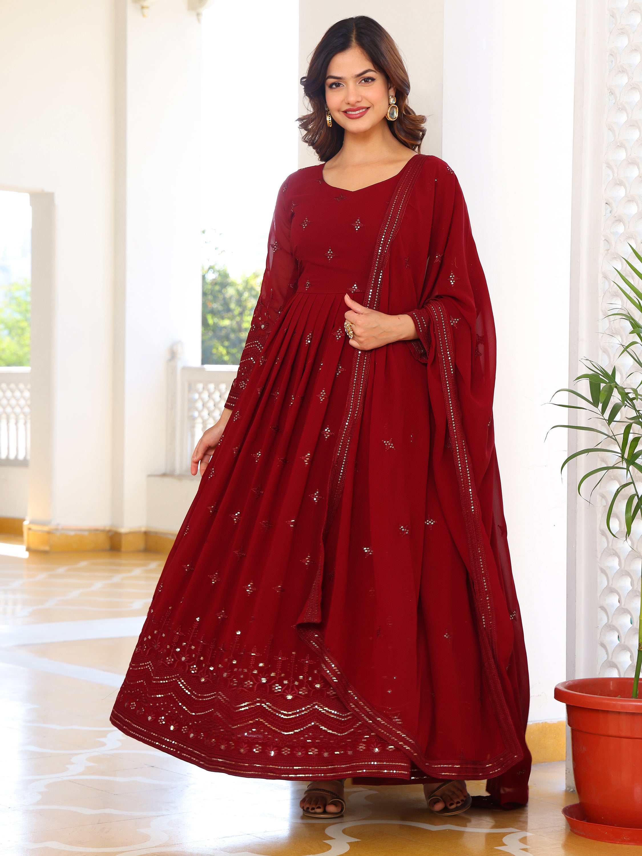 Crimson Maroon Anarkali Kurti with Dupatta for Women
