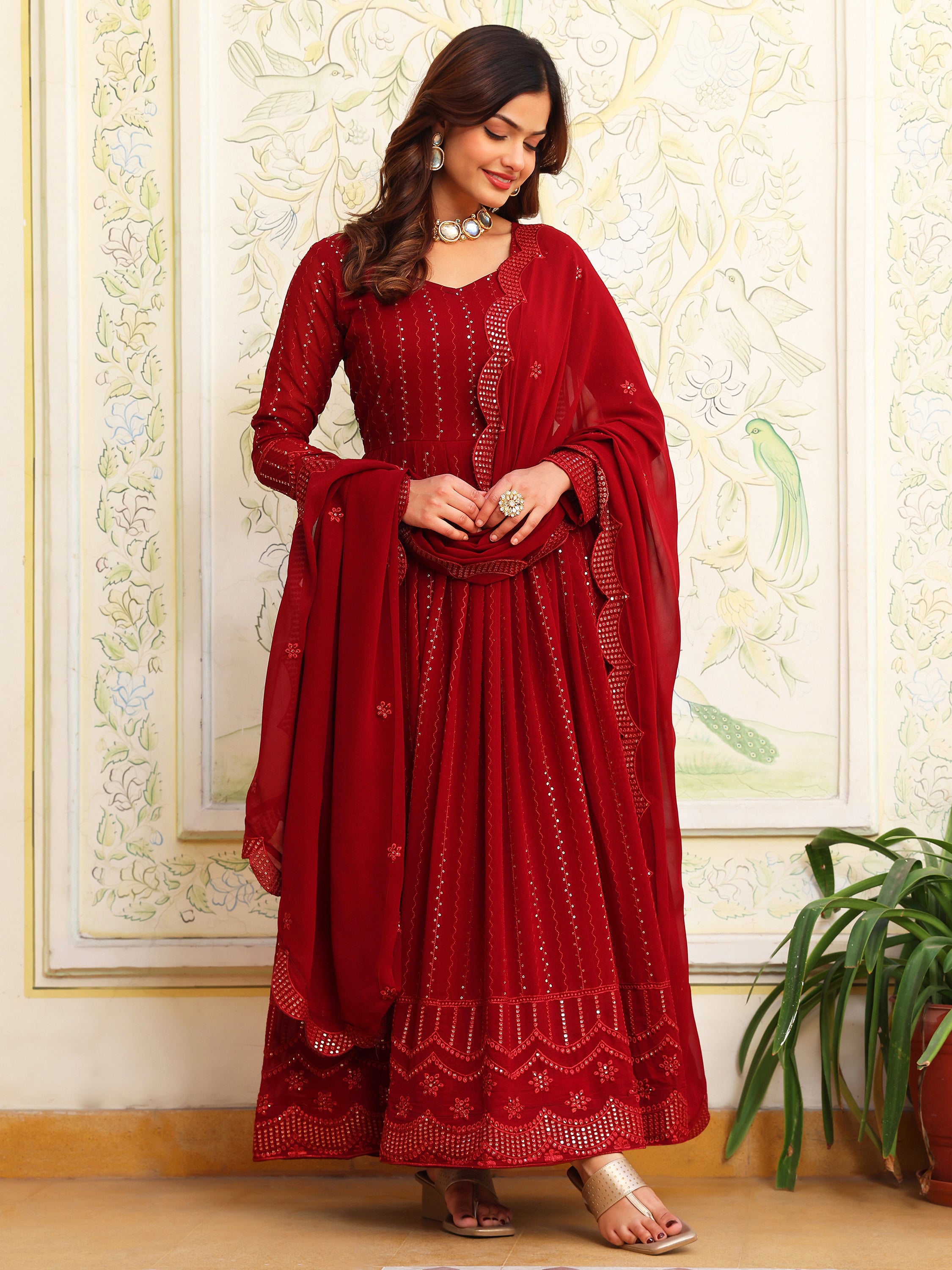 Maroon Anarkali Kurta Set with Dupatta for Women