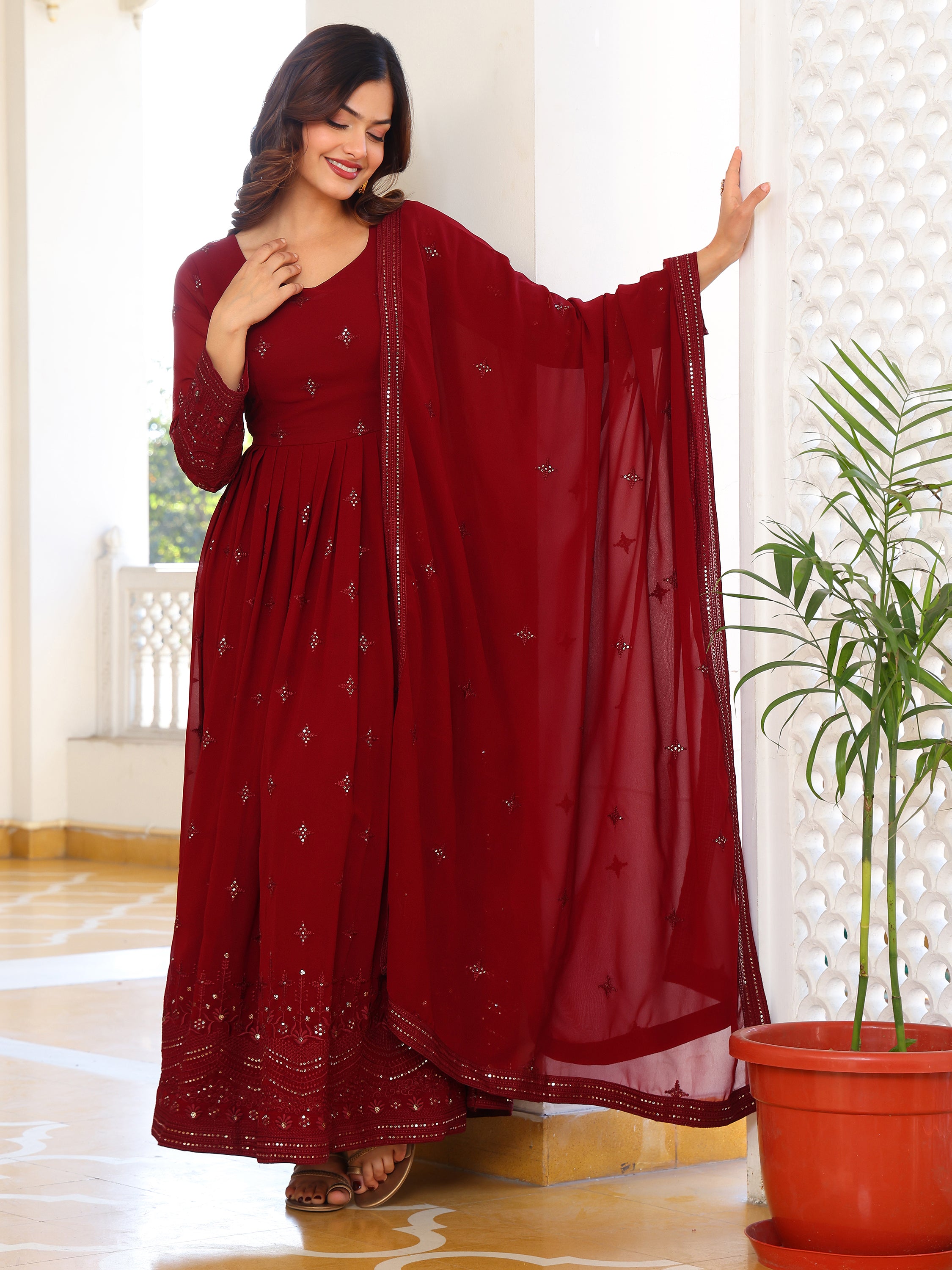 Crimson Maroon Anarkali Kurti with Dupatta for Women