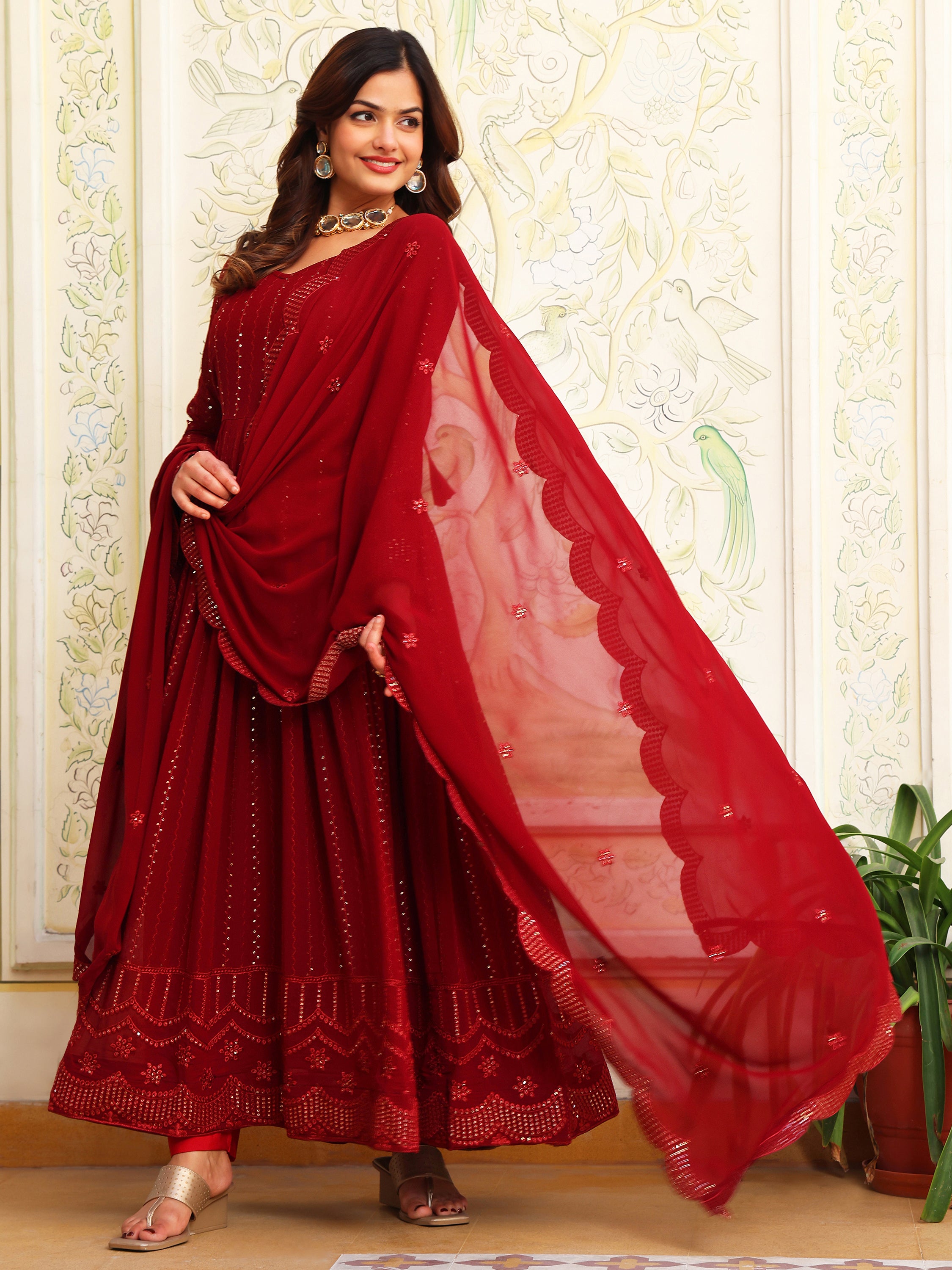 Maroon Anarkali Kurta Set with Dupatta for Women