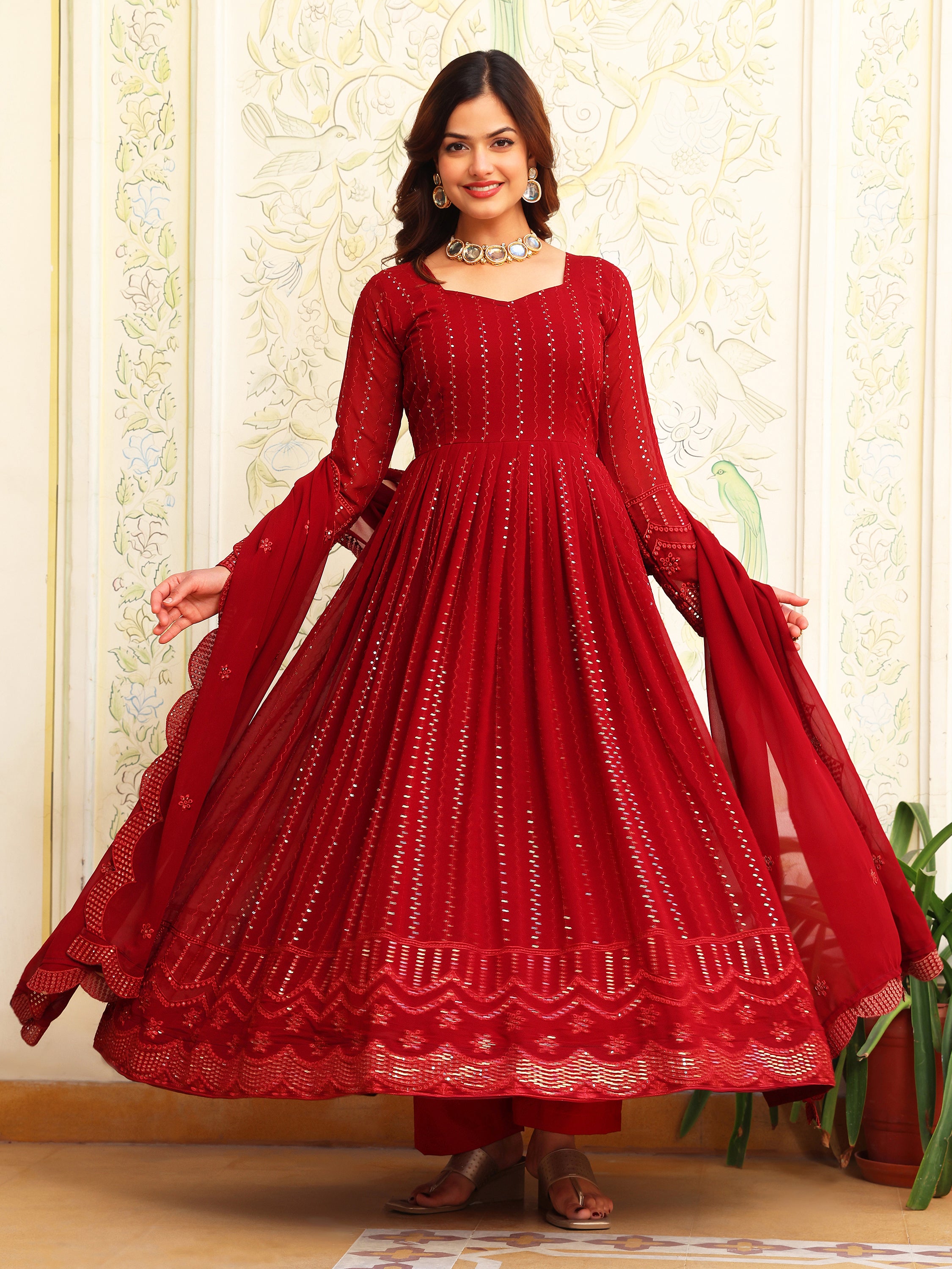 Maroon Anarkali Kurta Set with Dupatta for Women