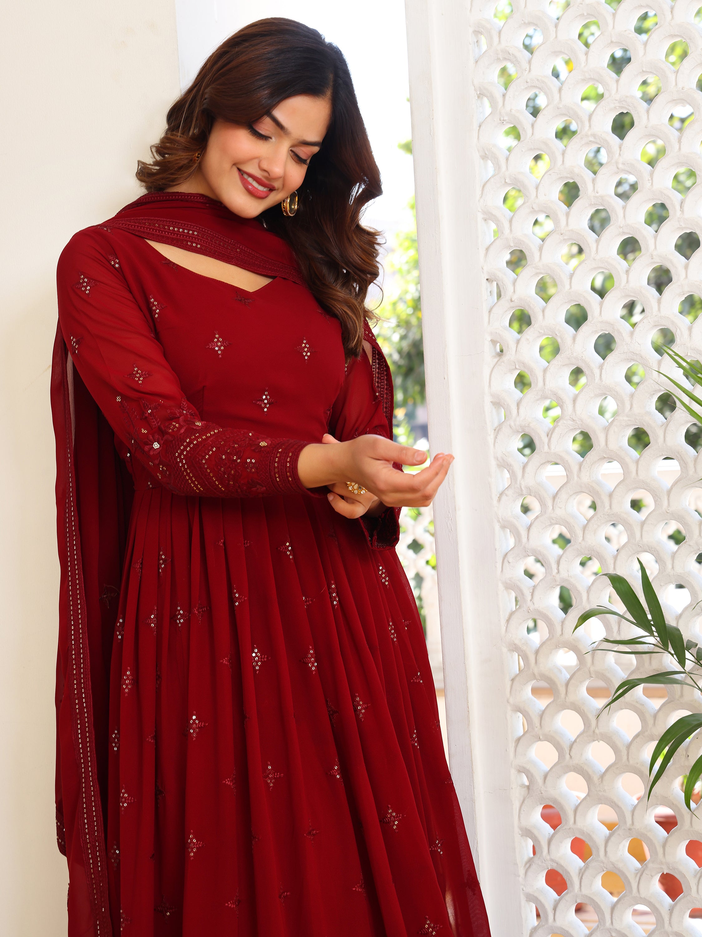 Crimson Maroon Anarkali Kurti with Dupatta for Women