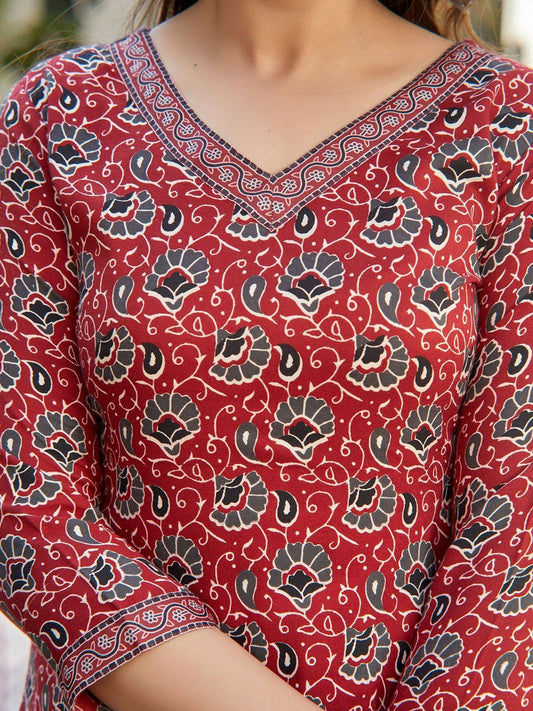 Stylish Maroon Printed Cotton Kurta Set with Dupatta