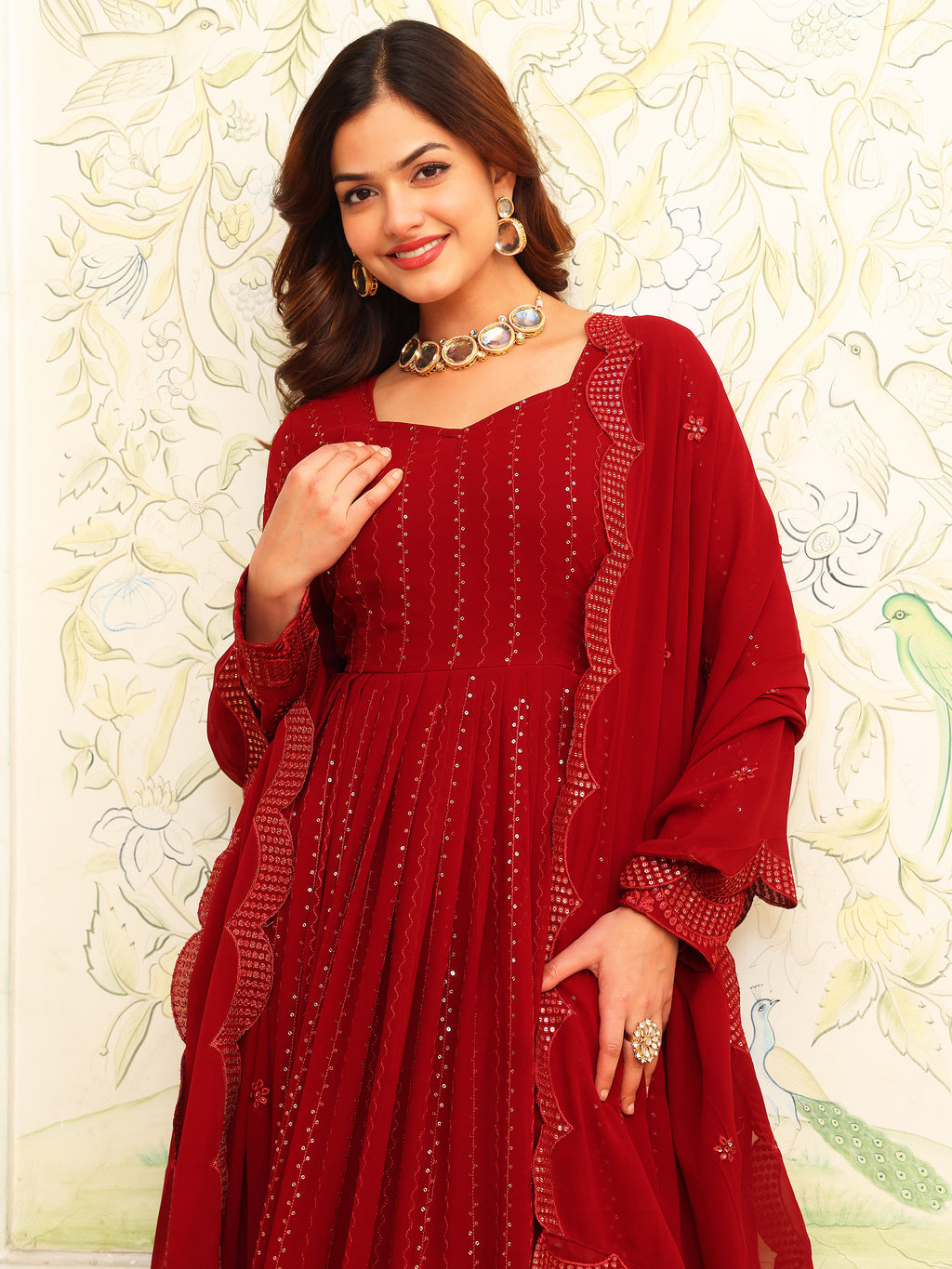 Maroon Anarkali Kurta Set with Dupatta for Women