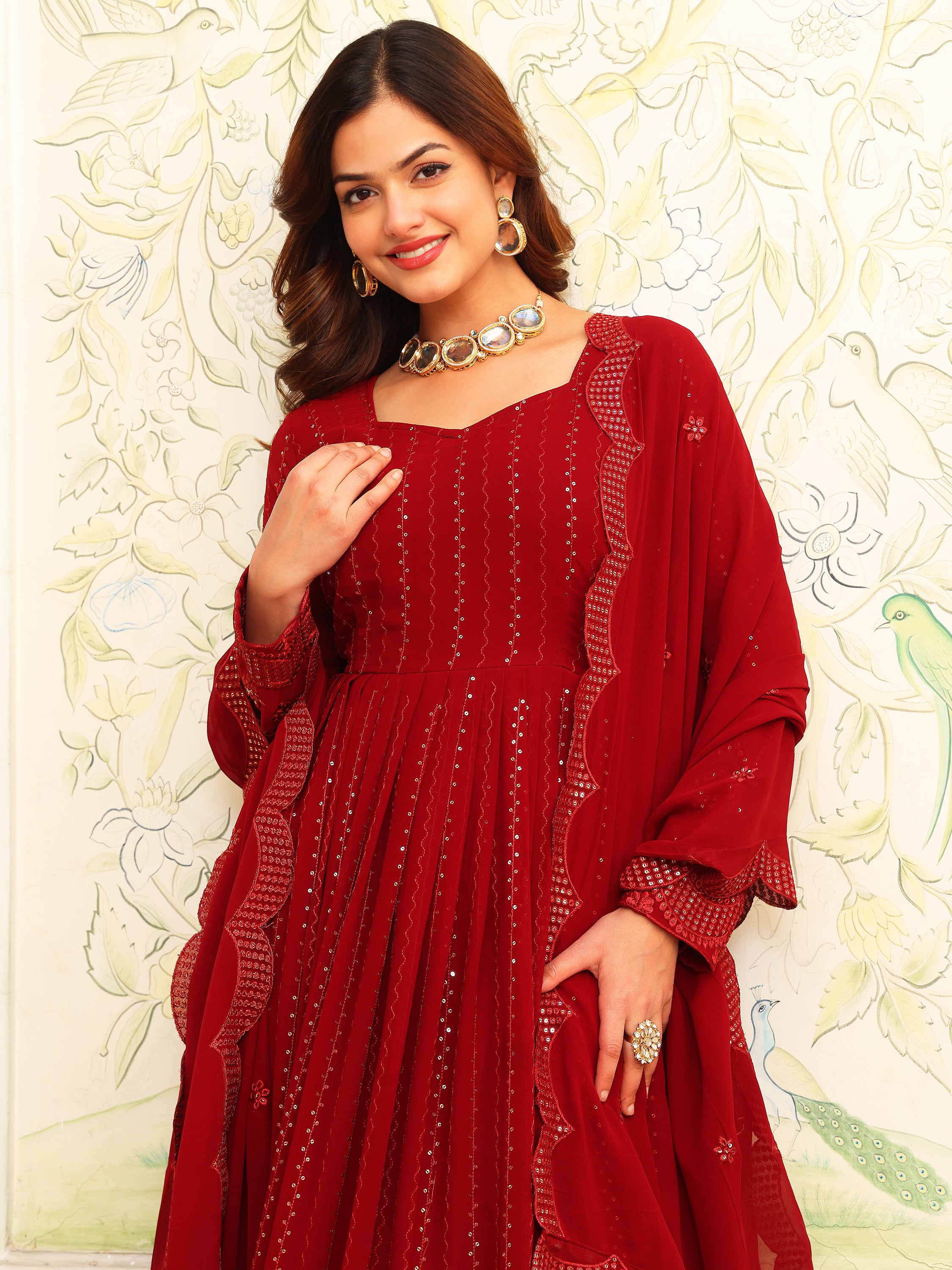 Maroon Anarkali Kurta Set with Dupatta for Women