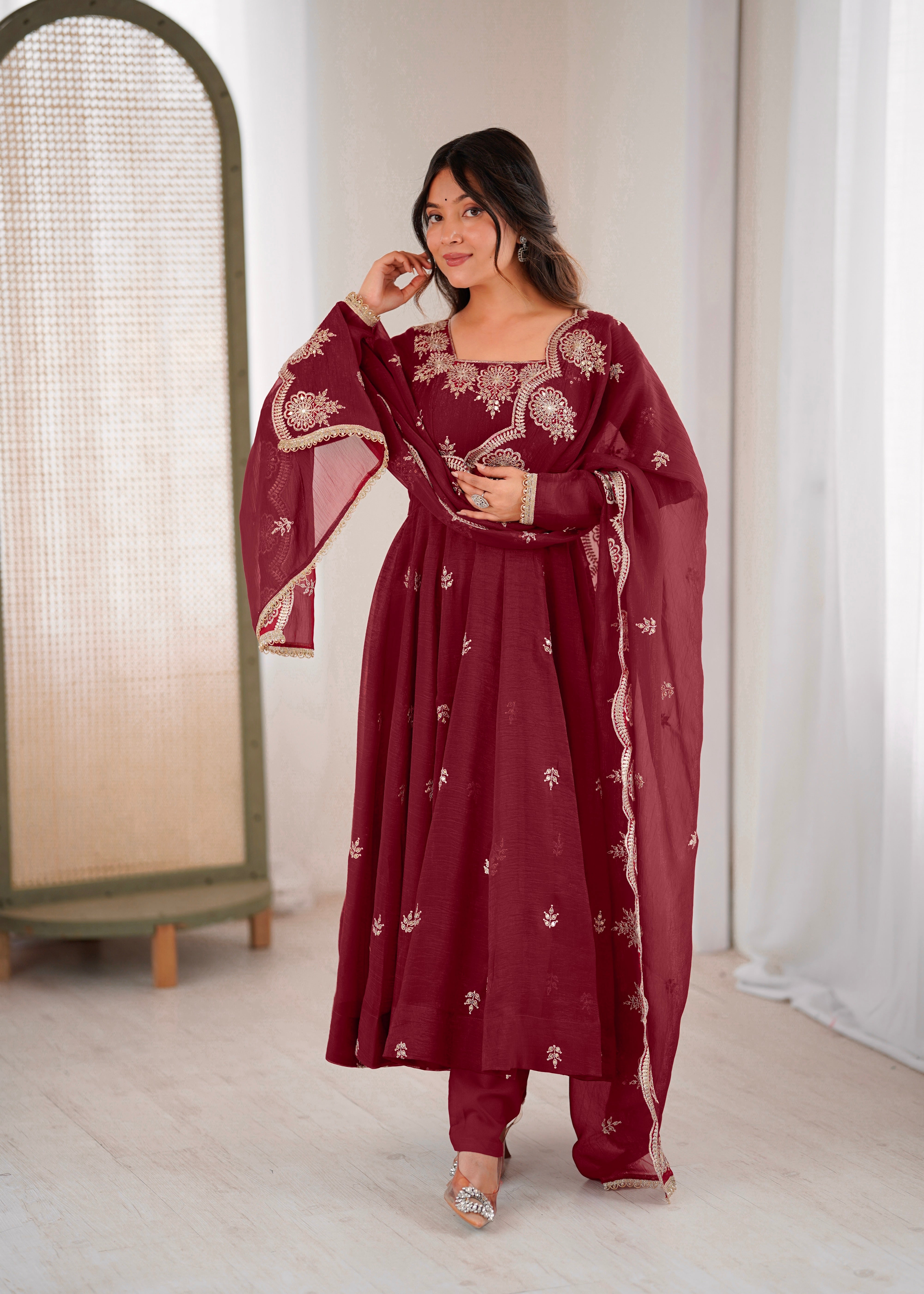 Maroon Embroidered Anarkali Kurta Set for Women