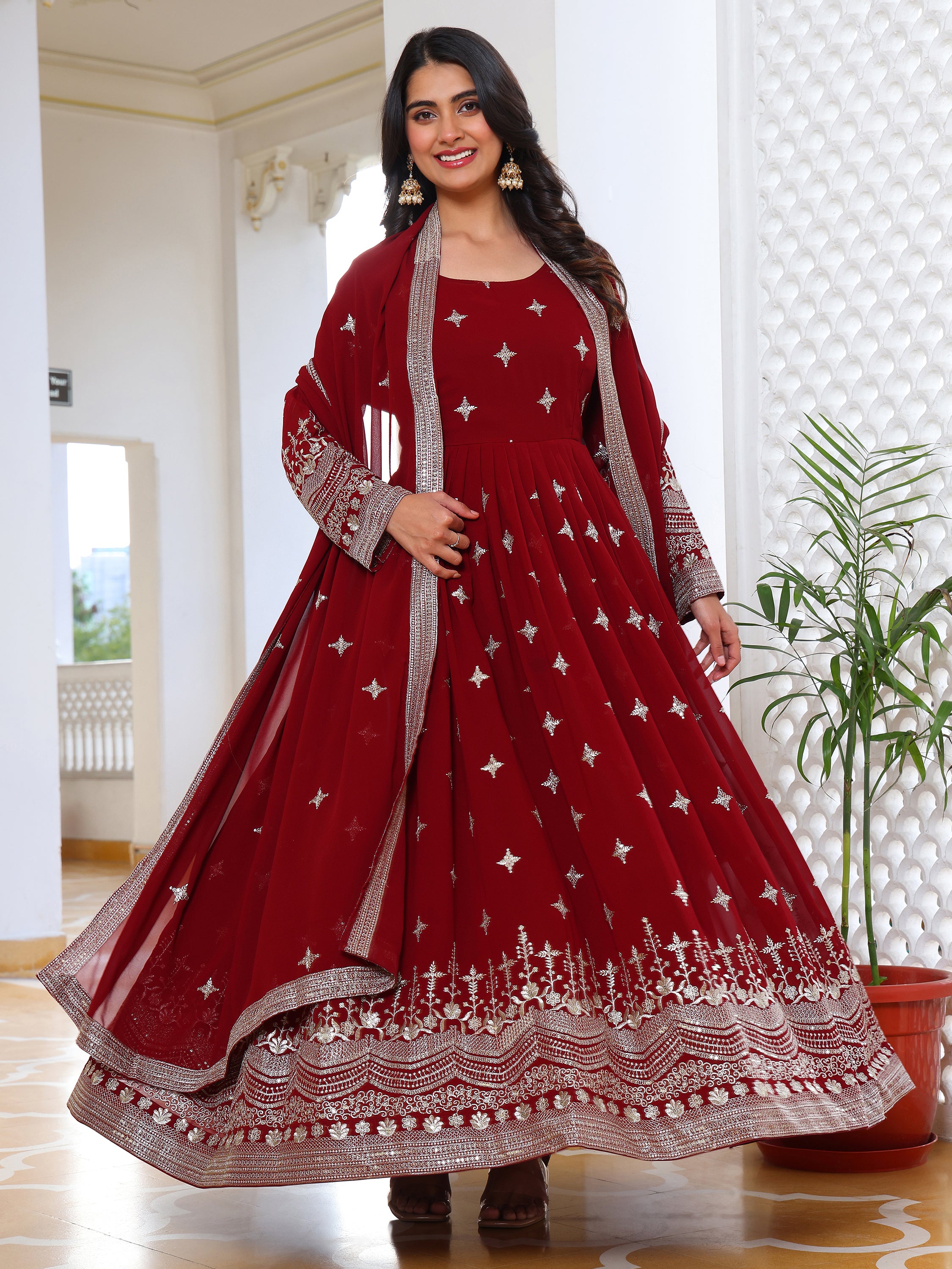 Maroon Embroidered Anarkali Kurti with Dupatta for Women