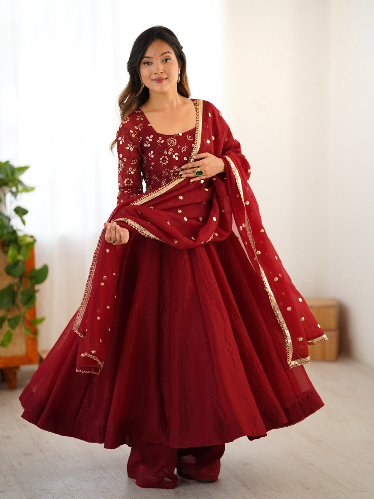 Maroon Embroidered Anarkali Suit with Dupatta