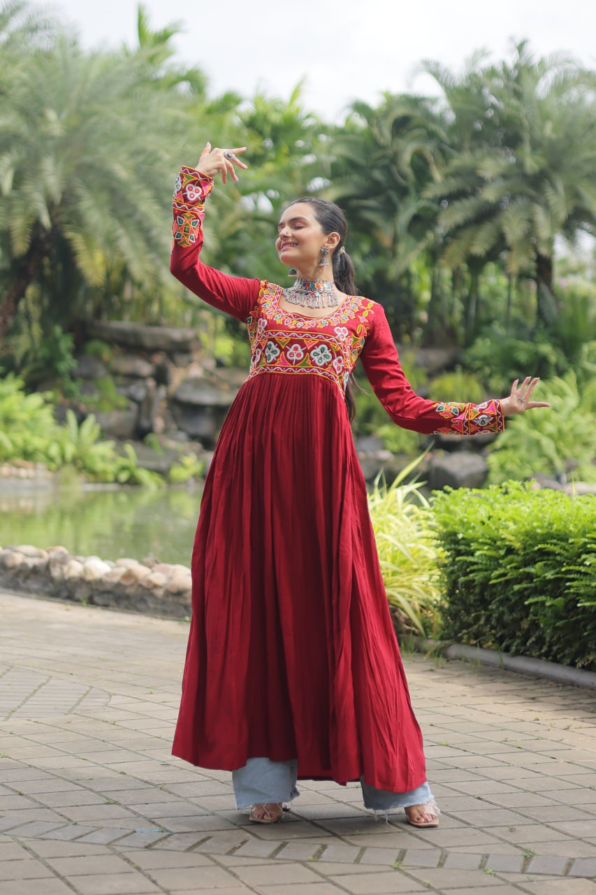 Maroon Embroidered Long Kurta for Women