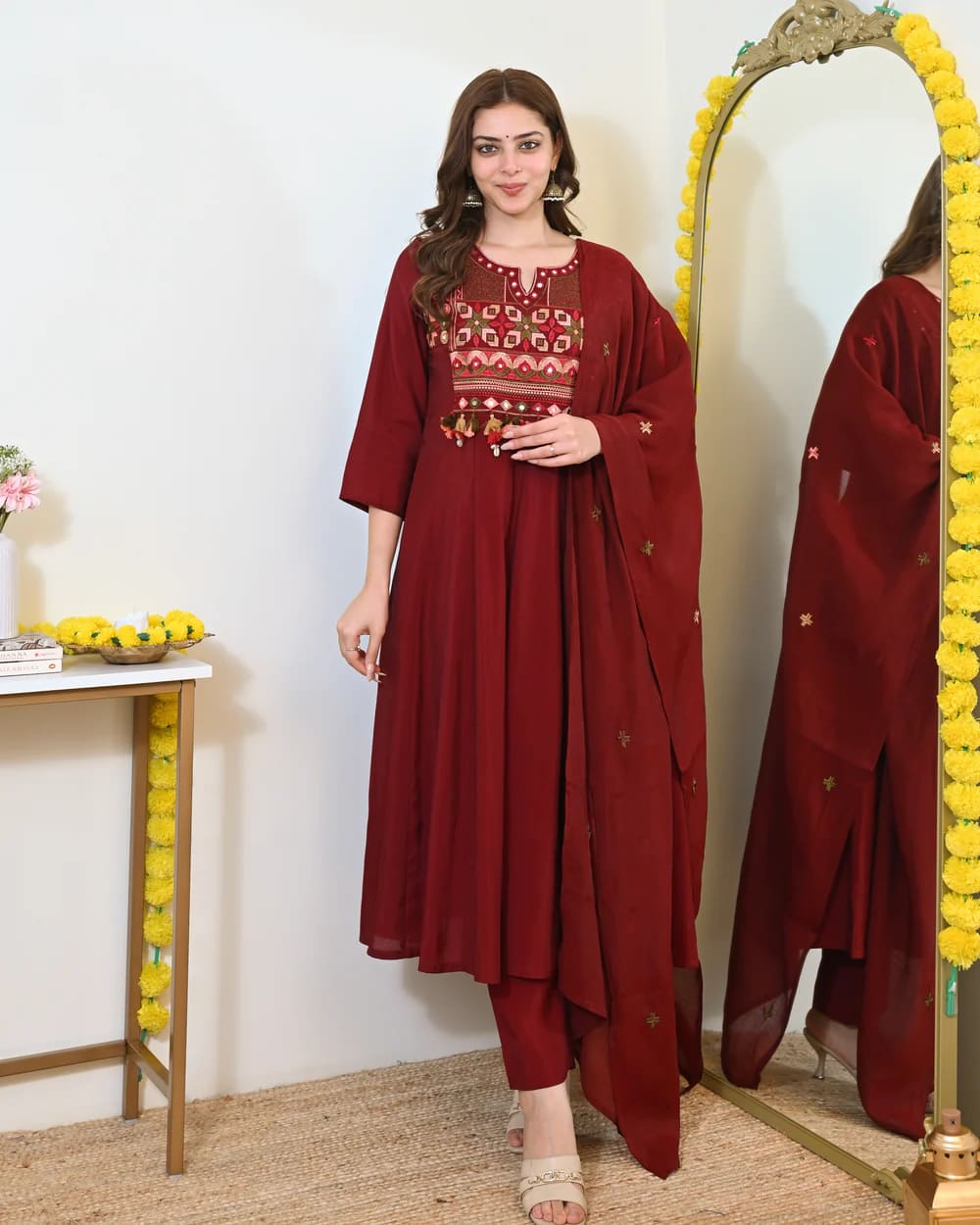 Maroon Mirror Work Anarkali Suit Set for Women