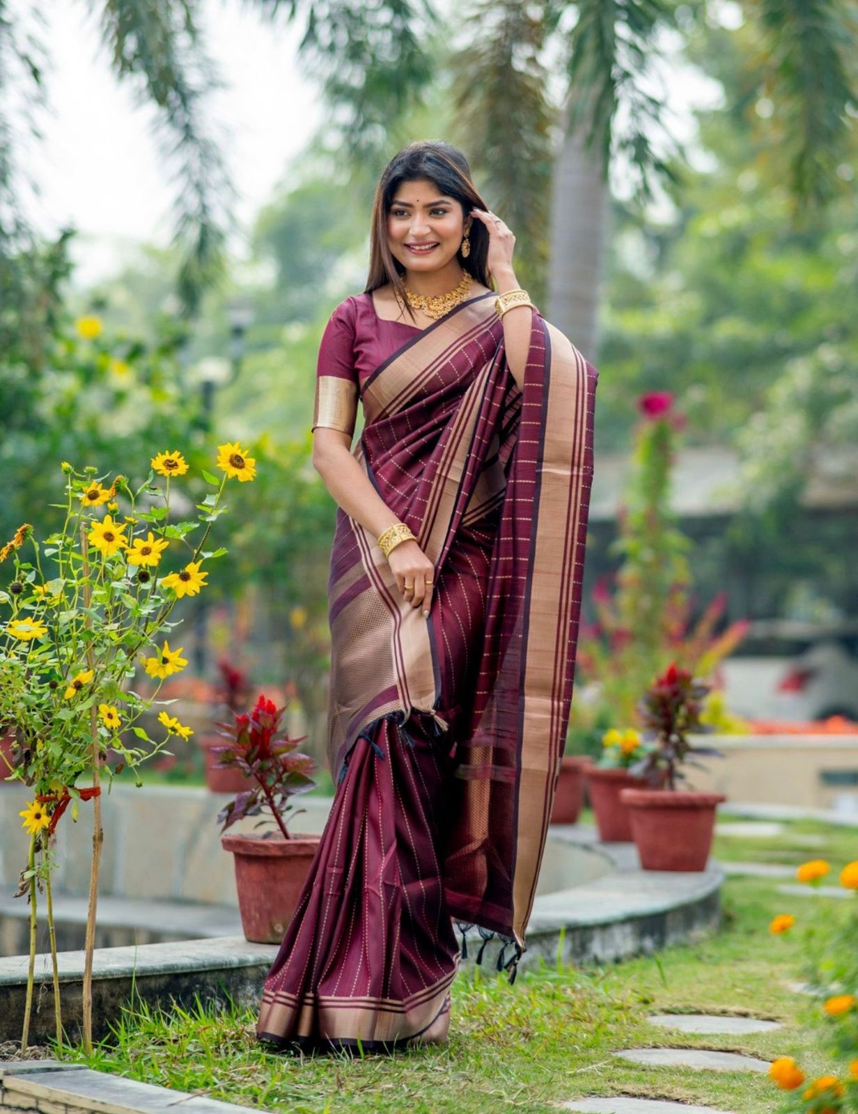Maroon Silk Saree with Gold Border