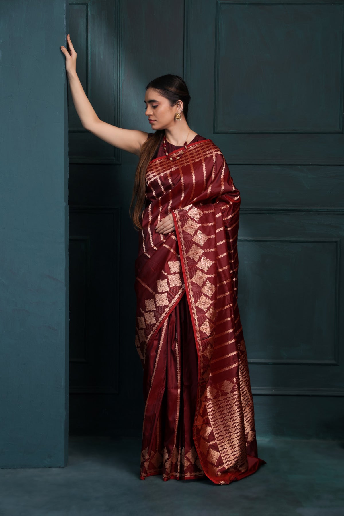 Maroon Silk Saree with Gold Zari Work
