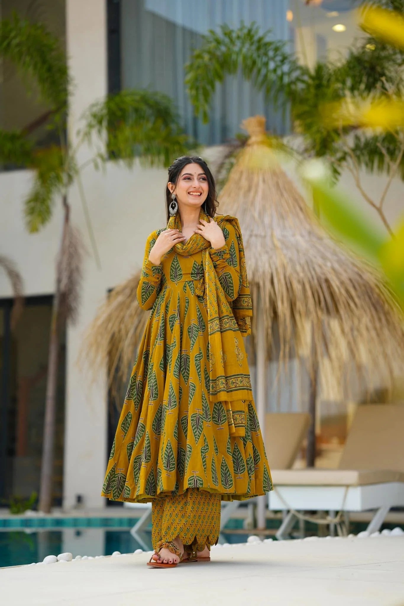 Mustard Yellow Leaf Print Cotton Anarkali Suit Set with Dupatta