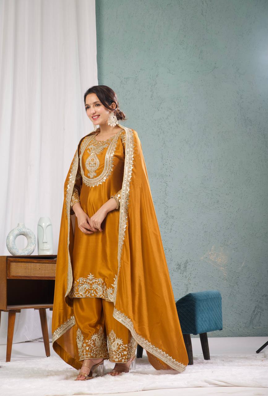 Mustard Orange Embroidered Kurta Set with Dupatta for Women