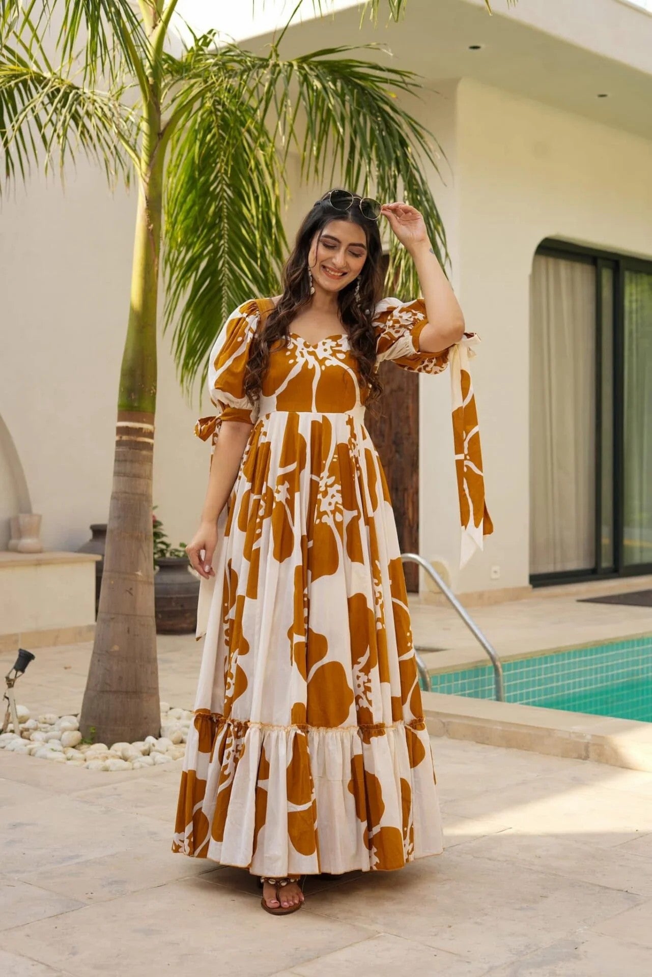 Mustard Printed Maxi Dress for Women