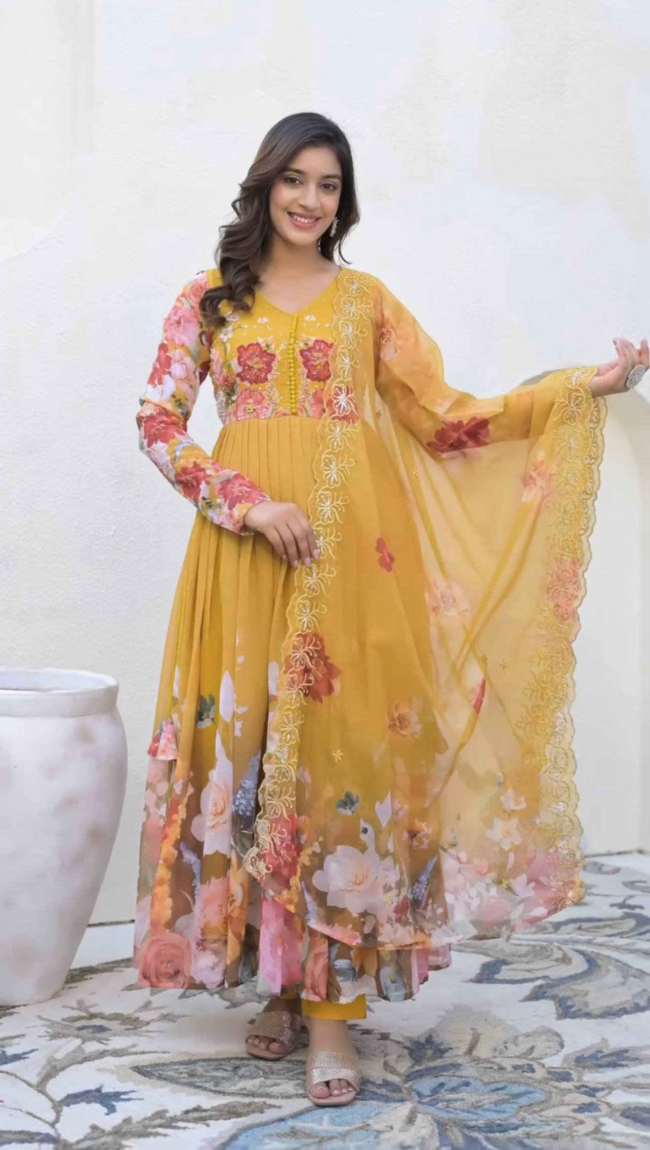 Mustard Yellow Anarkali Set with Dupatta for Women