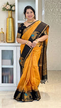 Mustard Yellow & Black Silk Saree with Zari Border