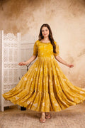 Mustard Yellow Printed Anarkali Kurta for Women | Flared Ethnic Dress