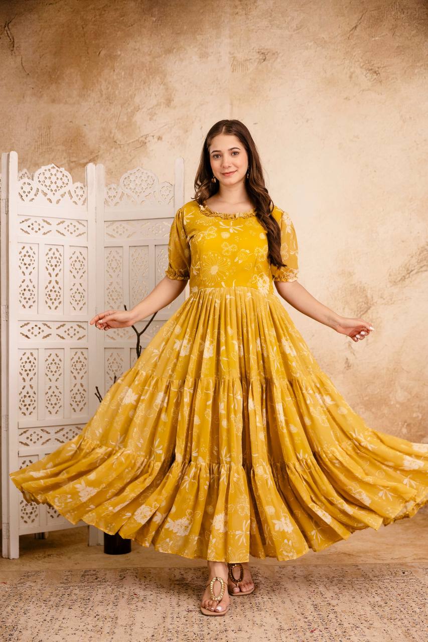 Mustard Yellow Printed Anarkali Kurta for Women | Flared Ethnic Dress