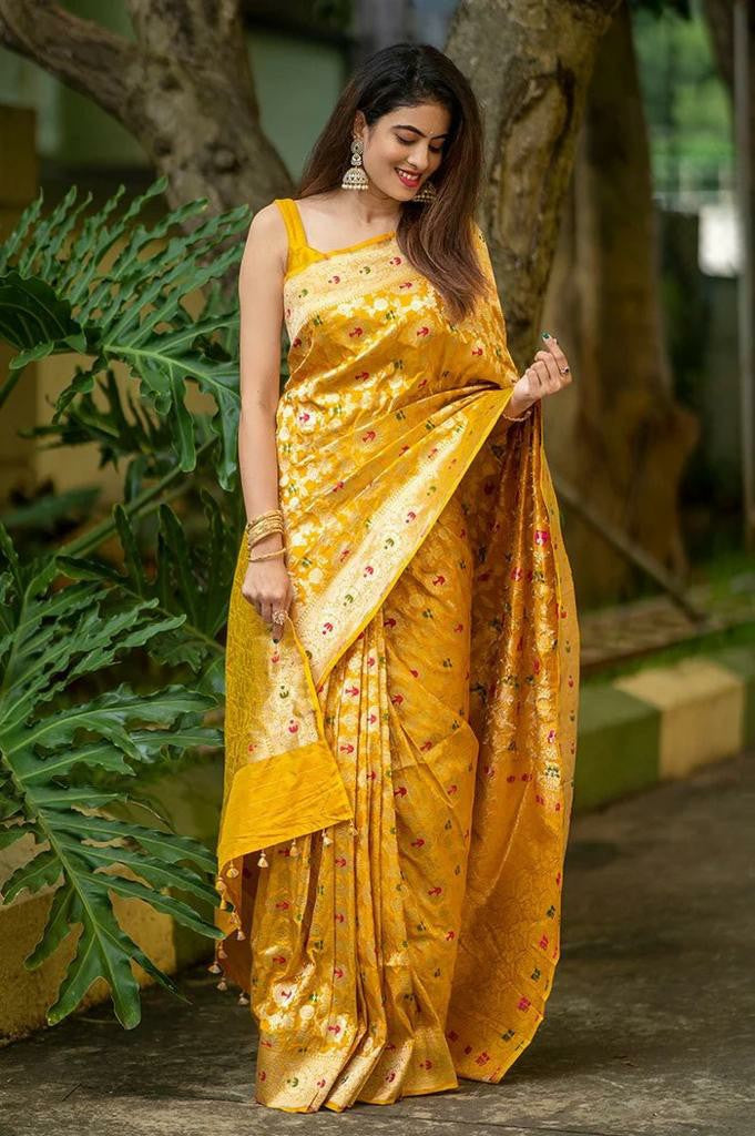 Mustard Yellow Silk Saree with Gold Zari Weaving & Floral Butta Work