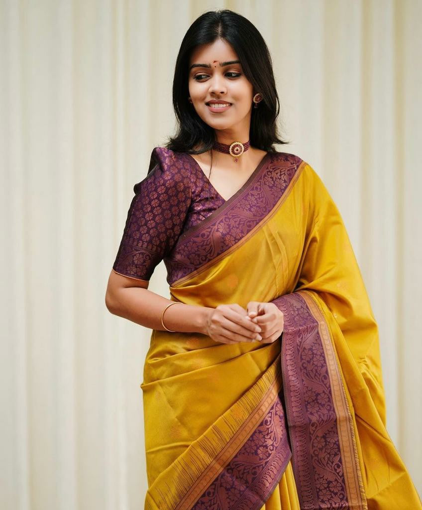 Mustard Yellow Silk Saree with Purple Border