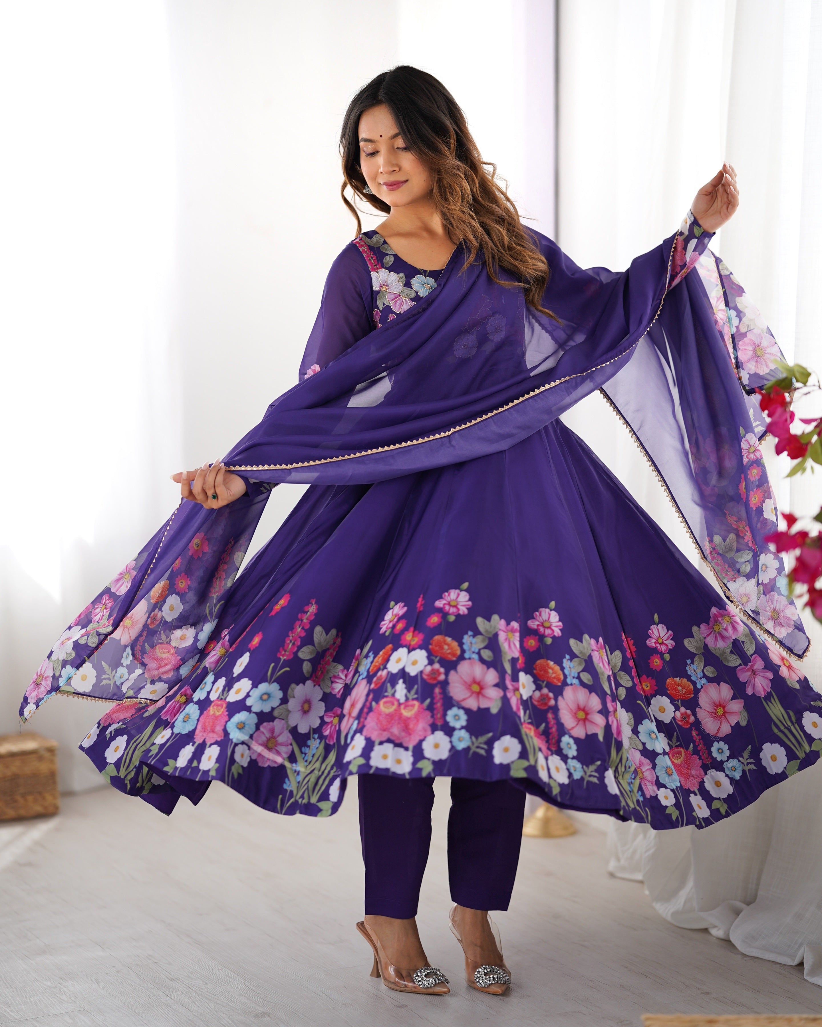 Hand-Floral Print Organza Silk Anarkali Suit Set
