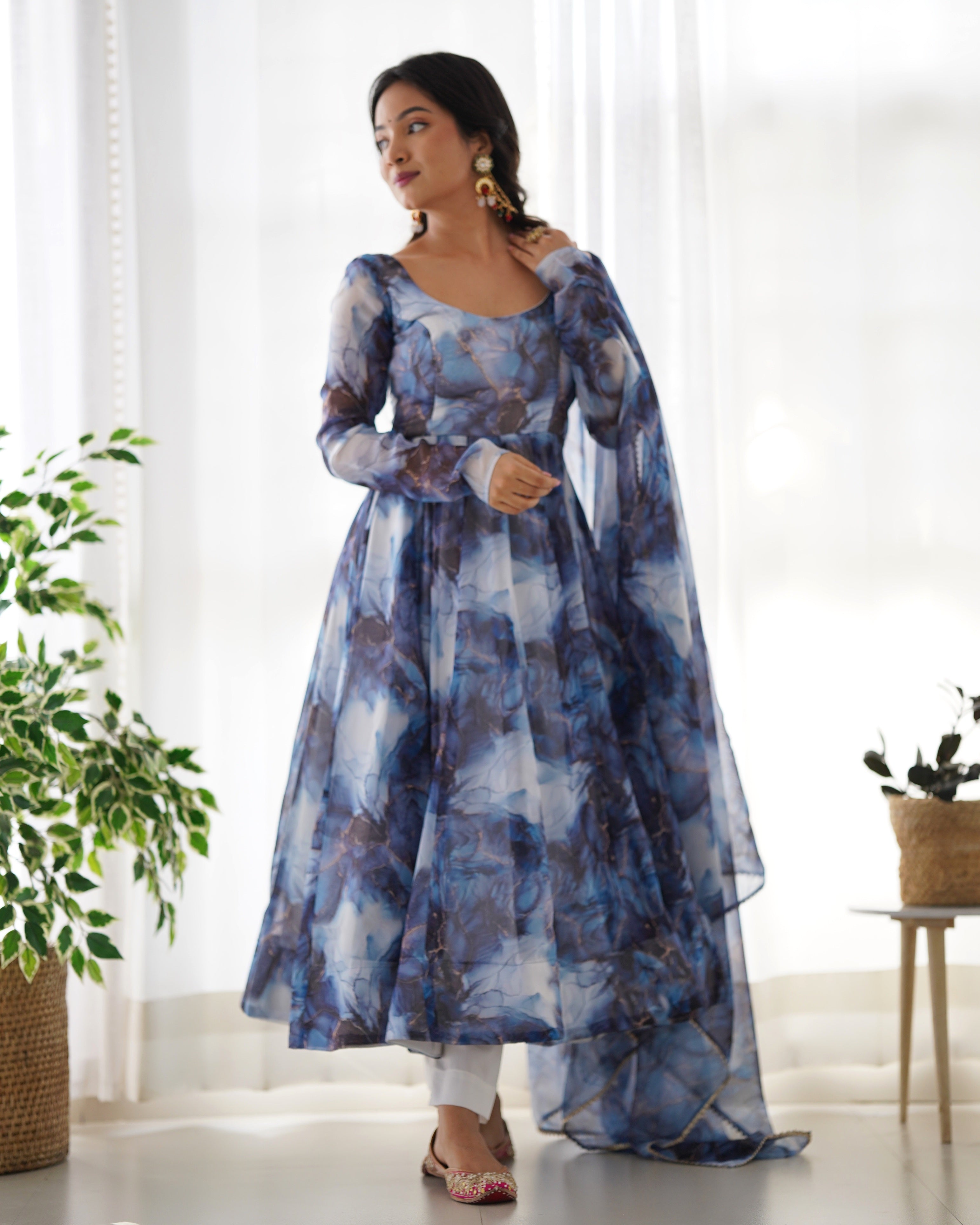 Organza Silk Marble Print Anarkali Suit Set